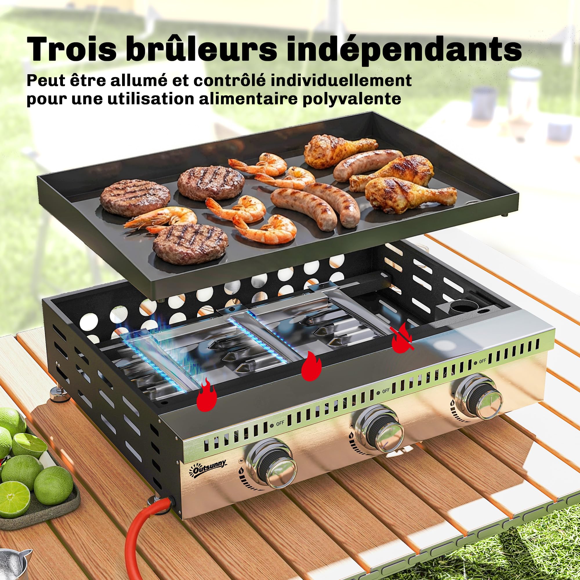 Outsunny Plancha gaz 9 kW 3 brûleurs en acier inoxydable, surface cuisson 56,5 x 33 cm avec bac de récupération des graisses, propane/butane/GPL, portable pour camping, pique-nique et terrasse, noir