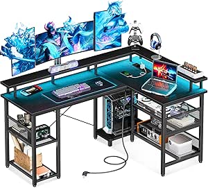 Coleshome Bureau de jeu avec LED et prises, 135 × 100 cm de bureau d