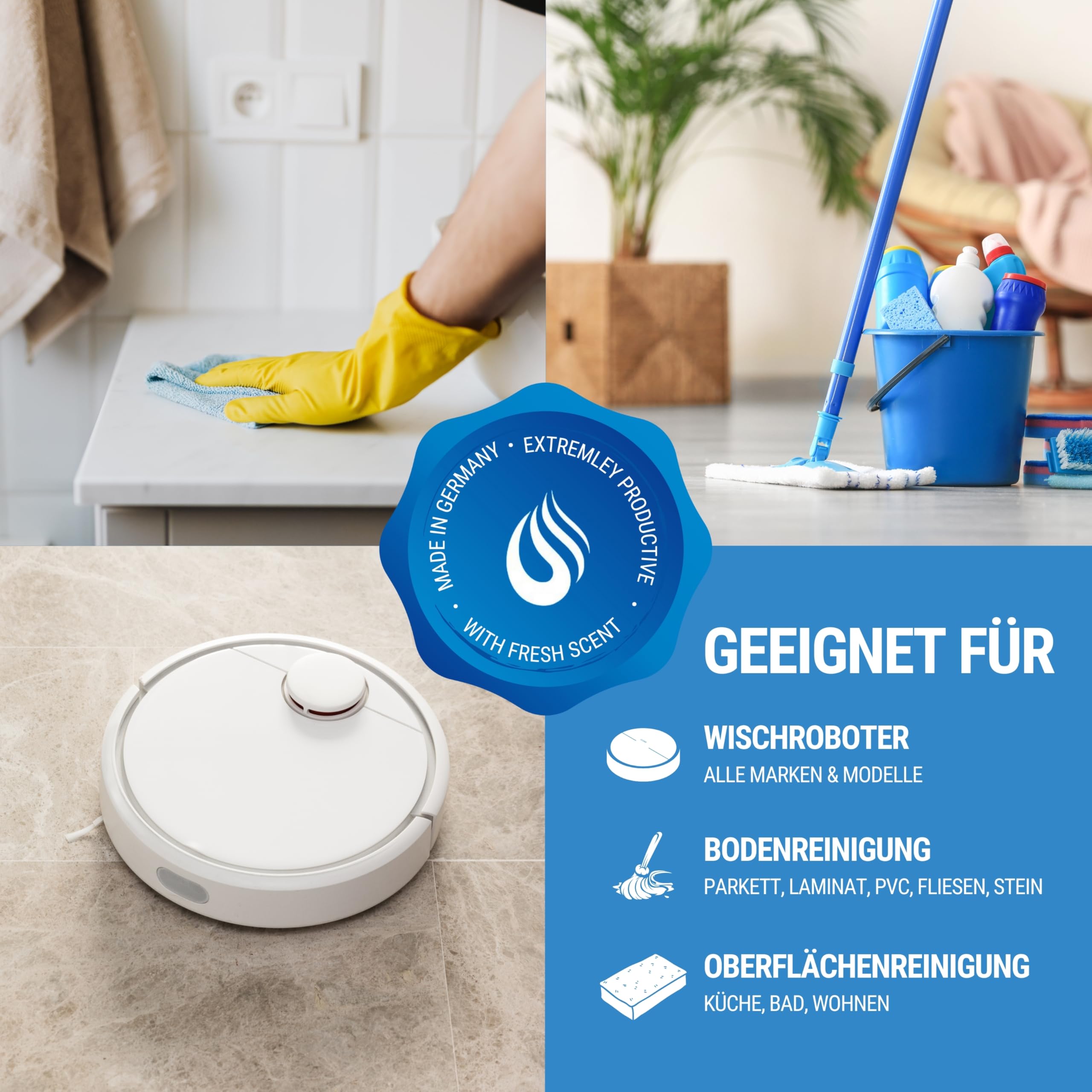 Maxxi Clean | 12x 750 ml Bodenreiniger mit Frische-Duft | geeignet für alle Wischroboter | Universal Reiniger Konzentrat | Wischflüssigkeit für Boden, Parkett, Fliesen | Saugwischer-Reinigungsmittel