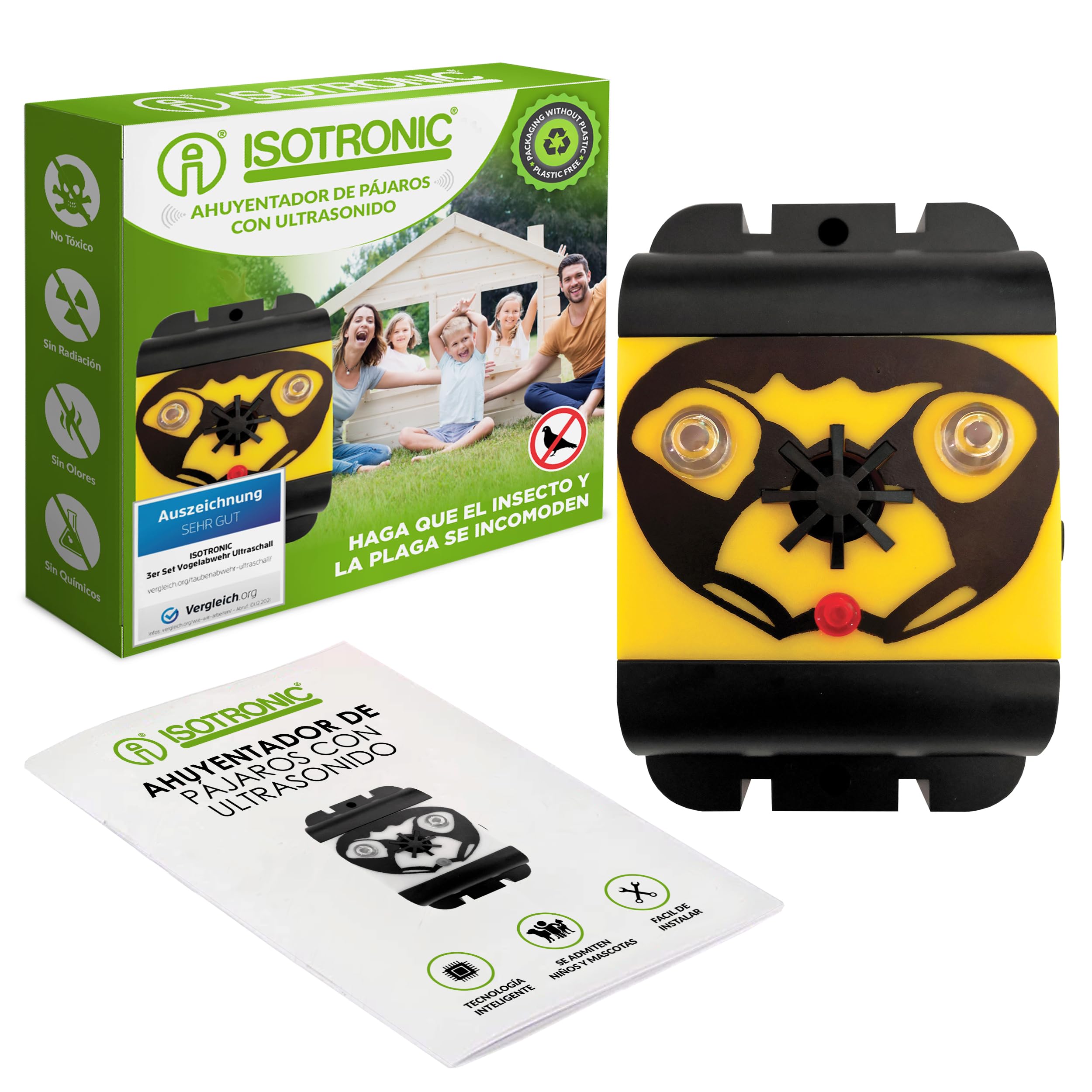 ISOTRONIC Disuasor de Palomas y pájaros con ultrasonidos | Ahuyentador de Palomas para terraza, jardín, huerto y Garaje | Repelente de Palomas portátil y a Base de Pilas | Espanta pájaros con luz LED