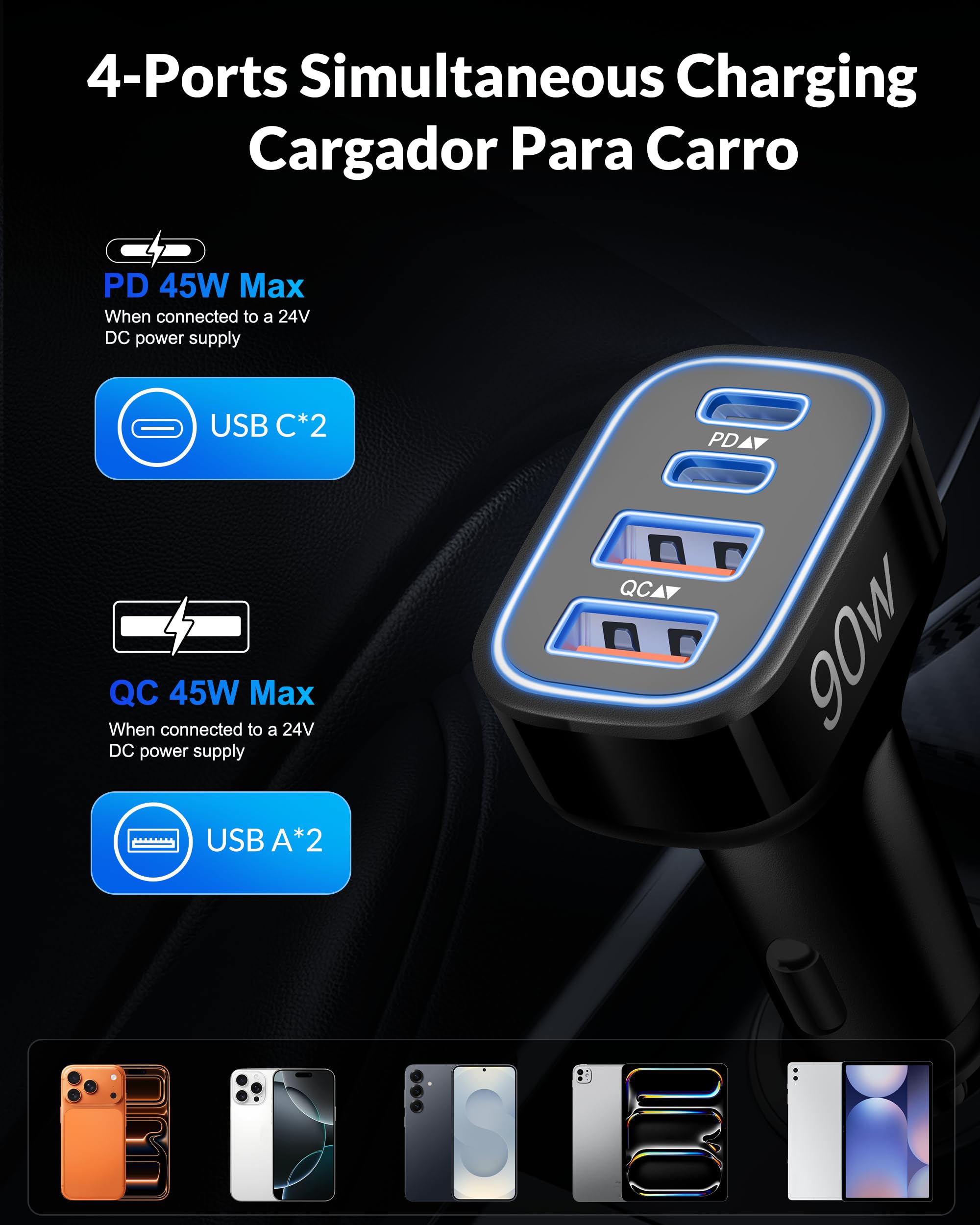 USB C Car Charger, 4-Port 90W Super Fast Car Phone Charger Accessories Dual 45W USB-C & USB-A Cargador Carro Adapter Cigarette Lighter for iPhone 16e 16 15 14 13 12, Samsung S25 S24, Tablet, Android