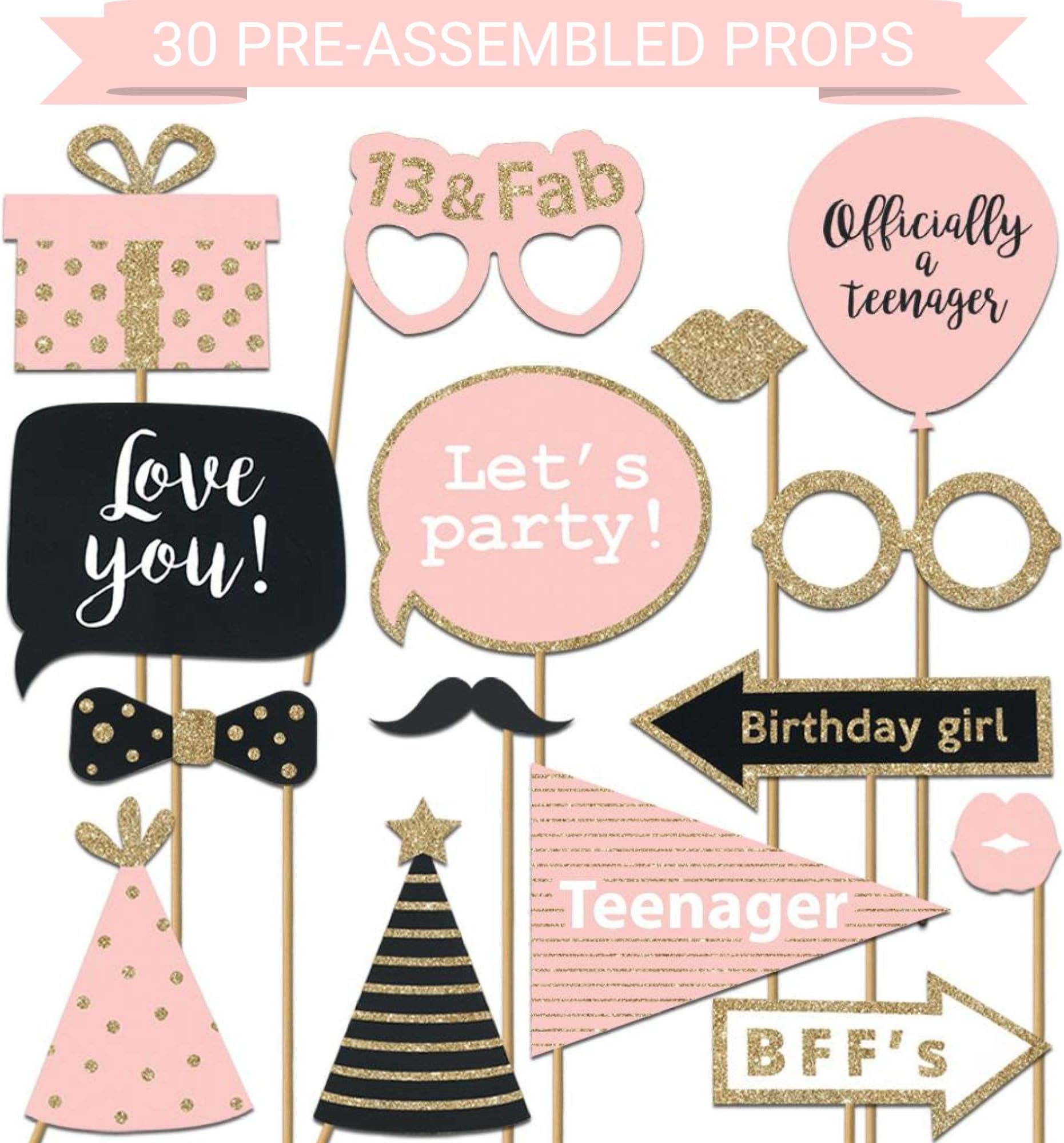 Fully Assembled 13th Birthday Photo Booth Props - Set of 30 - Pink & Gold Selfie Signs - 13th Party Supplies & Decorations - Cute Bday Designs with Real Glitter - Did We Mention No DIY