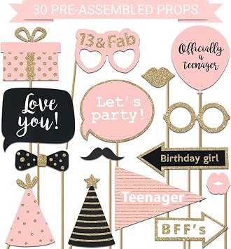 Fully Assembled 13th Birthday Photo Booth Props - Set of 30 - Pink & Gold