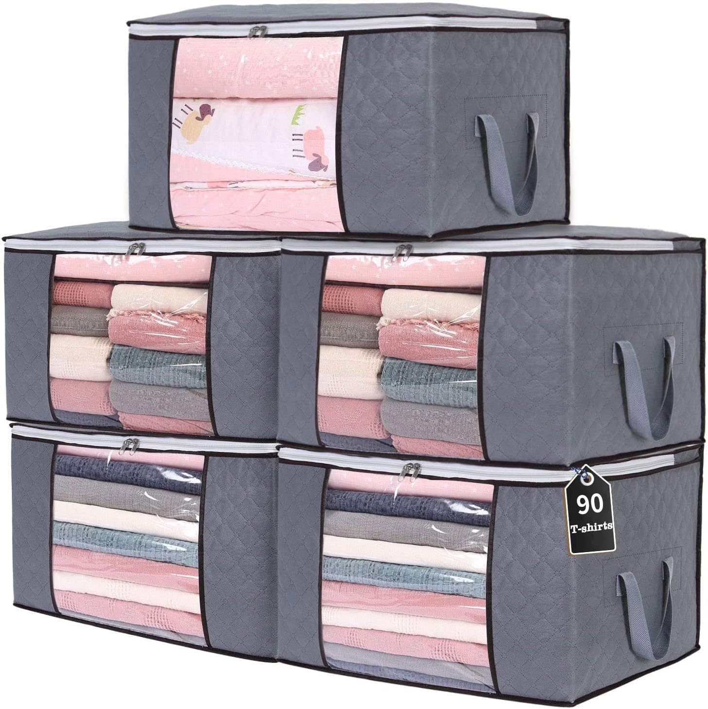 THMINS 5 Pack 640 cm Large Storage Bags, 90L Clothes Storage Bins Foldable Closet Organizers Storage Containers with Durable Handles Thick Fabric for Blanket Comforter Clothing Bedding