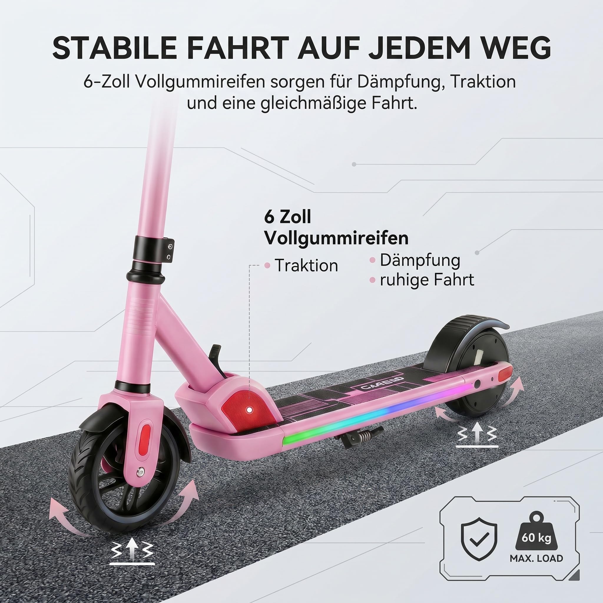Caroma Patinete eléctrico para niños de 6 a 12 años, Motor de 150 W hasta 16 km/h, Alcance de 12 km, Patinete eléctrico Plegable con Luces Coloridas y Pantalla LED, Velocidad y Altura Ajustables