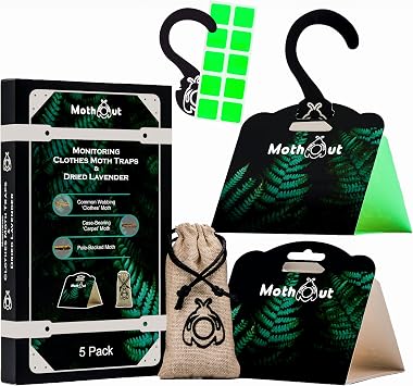 5 Pheromone Clothes Moth Traps   Wardrobe & Drawer Sticky Monitoring Moth Traps, Carpet Moth Trap + Lavender Freshener + 10 Glowing Pads, Premium, Insecticide-Free Fabric Moth Catcher for Home