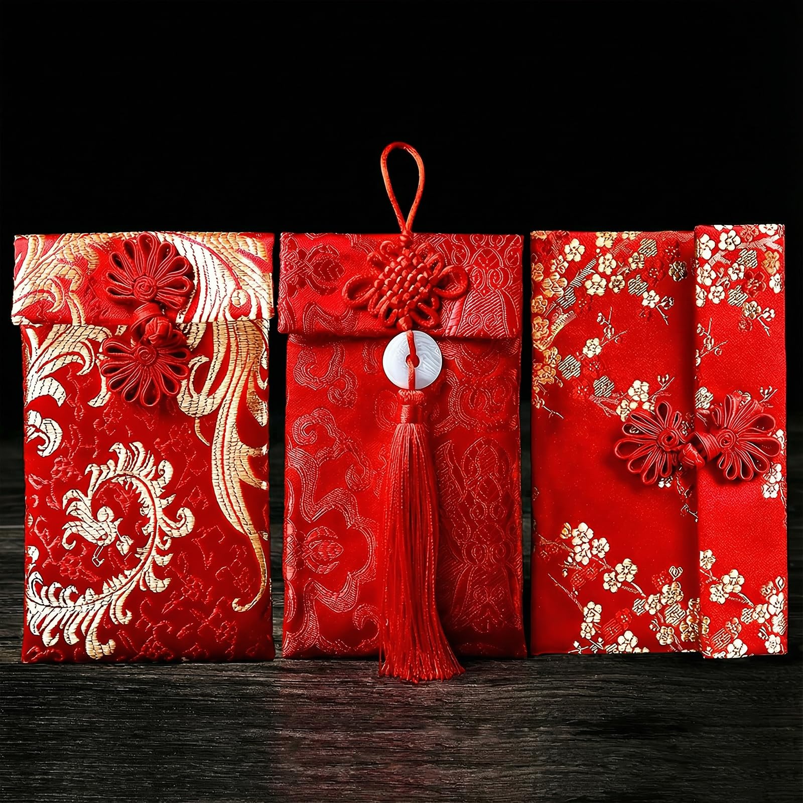 VGOODALL 3 Pcs Chinese New Year Silk Red Envelopes, Dragon and Phoenix Embroidered Red Pocket Lucky Money Hong Bao for Lunar New Year Wedding Birthday