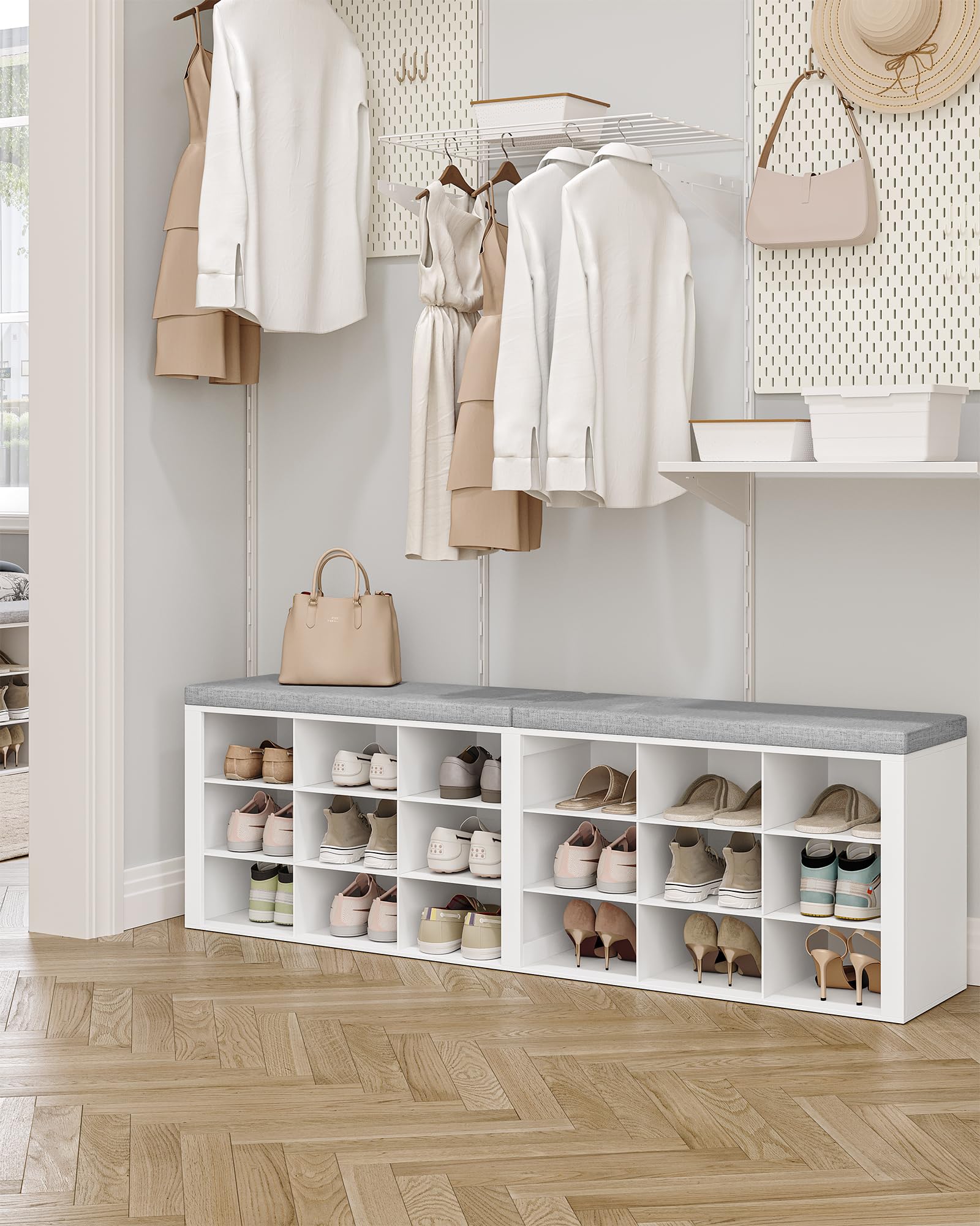 Hzuaneri Panca Scarpiera, 150 cm (w) scarpiera ingresso con Seduta Imbottita e 18 Scomparti, 30 x 150 x 48 cm, per Ingresso, Corridoio, Soggiorno, Camera da letto, Bianco e Grigio SB25703GY