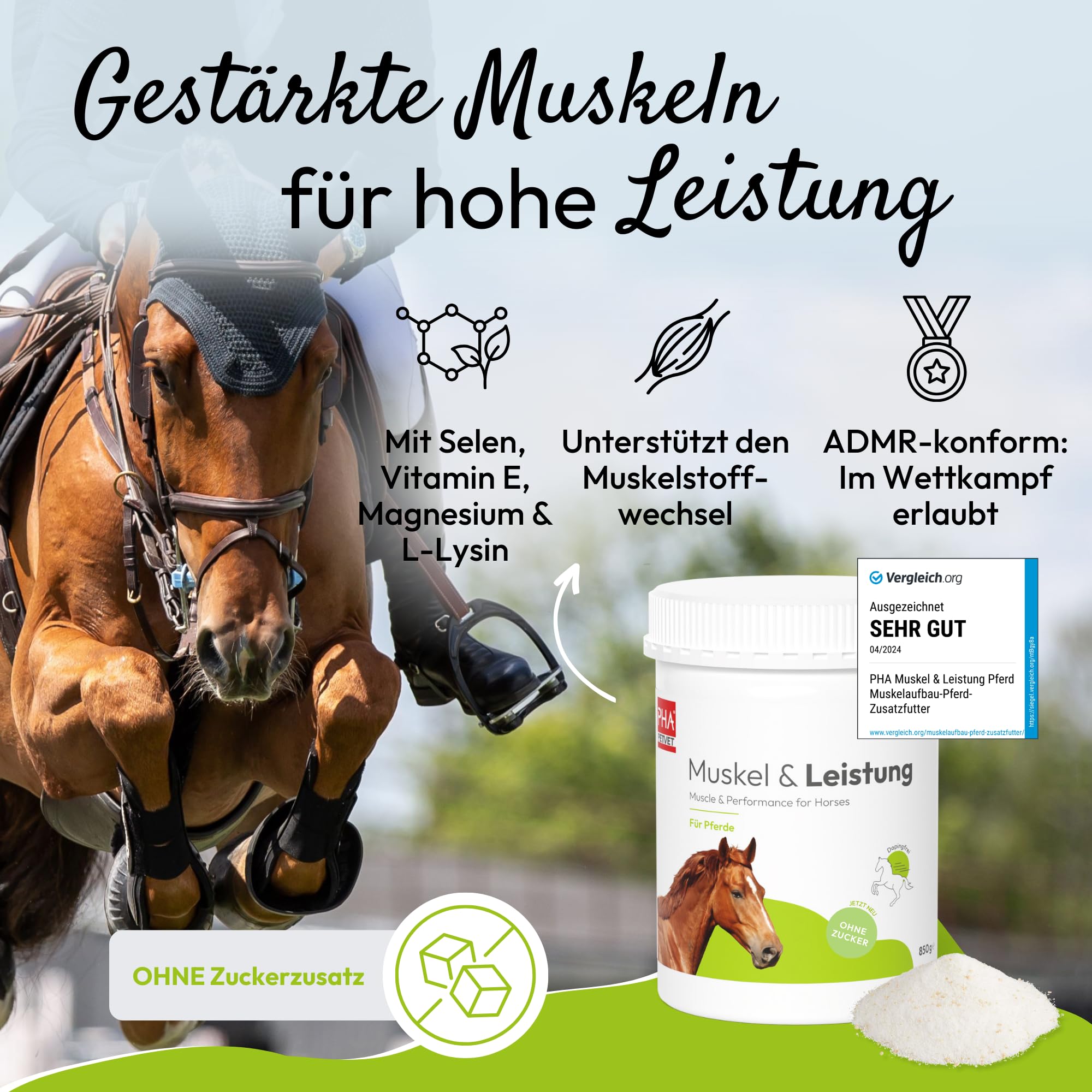 PHA Muskel & Leistung für Pferde – Mineralstoffe und Vitamine für Muskelaufbau & Leistungsfähigkeit, mit Vitamin E, Magnesium Pferd & Selen Pferd, Pulver 850 g, ohne Zucker