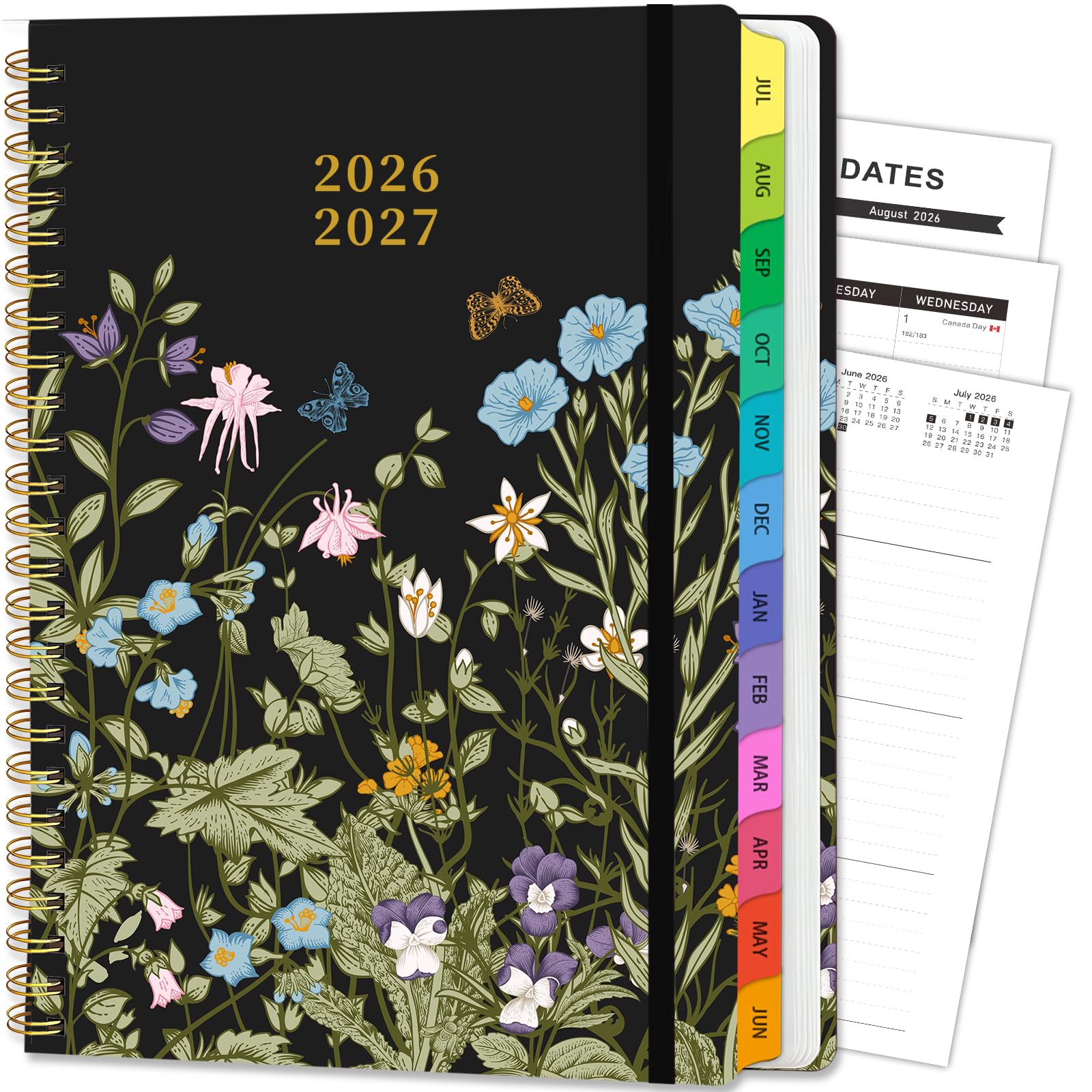 Planer 2026, Wochen- und Monatskalenderplaner für Frauen, 16 x 21,6 cm, Juli 2026 - Juli 2027, Hardcover Planungsbuch mit Reitern, Spiralbindung, Innentasche, für Schule, Bürobedarf (Wildblume)