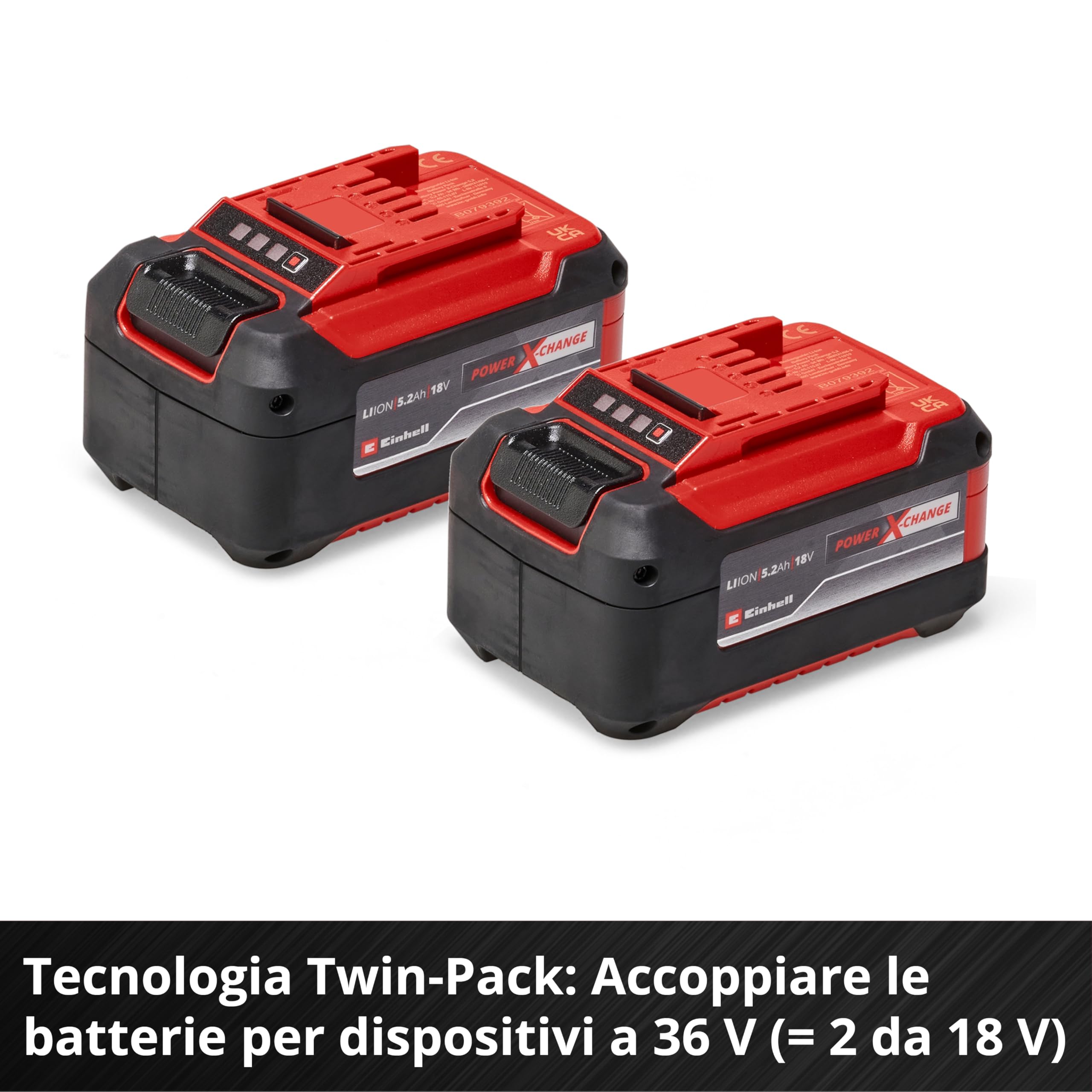 Due batterie Power X-Change originali Einhell PXC-Twinpack da 5,2 Ah (18 V, 5200 mAh, 1260 W, incluse due batterie da 5,2 Ah senza caricabatterie)