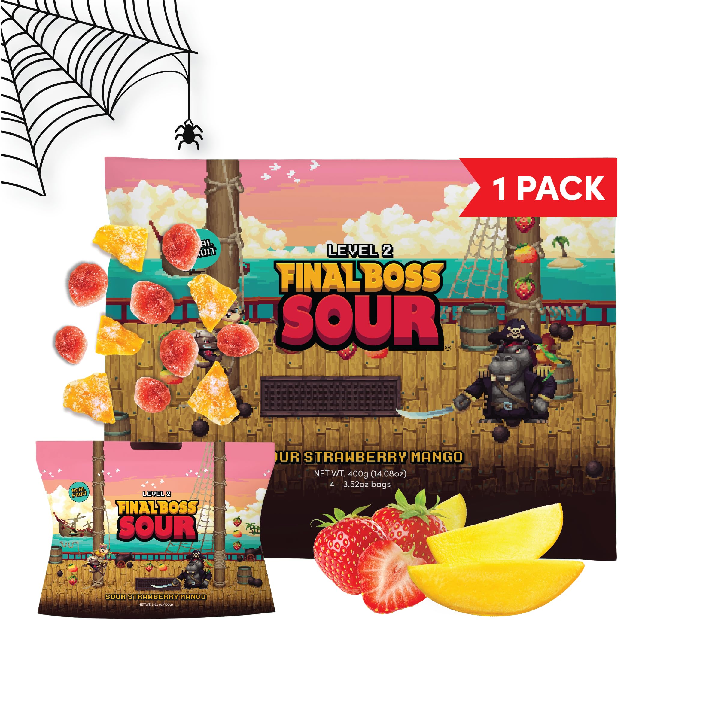 Final Boss Halloween Sour Candy Strawberry and Mango, 1 Pack, Level 2, Extreme Sour Fruit Chews with Real Dried Fruit, No Artificial Colors or Flavors, Low Calorie Snack for Kids, Teens & Adults