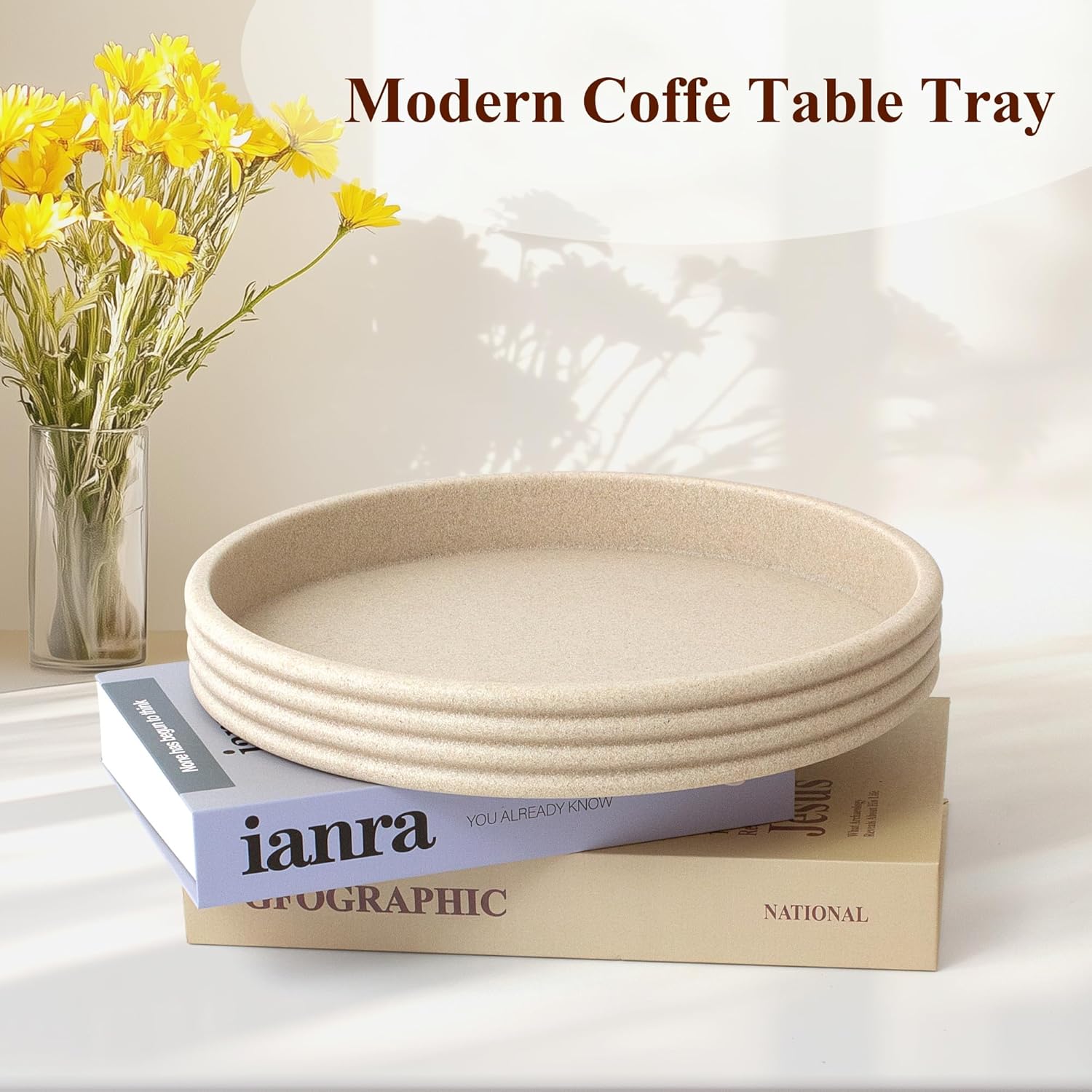 Round Decorative Tray - Modern Coffee Table Tray Decor, Resin Home Decor for Living Room & Bedroom. Multi-Functional Coffee Table Centerpiece with Anti-Slip Pads - 11x1.5 Inch Key Trays - Beige