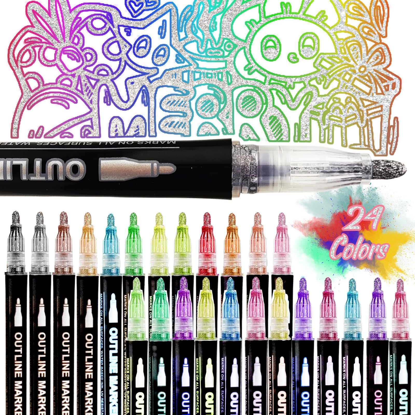 Double Line Outline Markers, 36 Colors Shimmer Markers