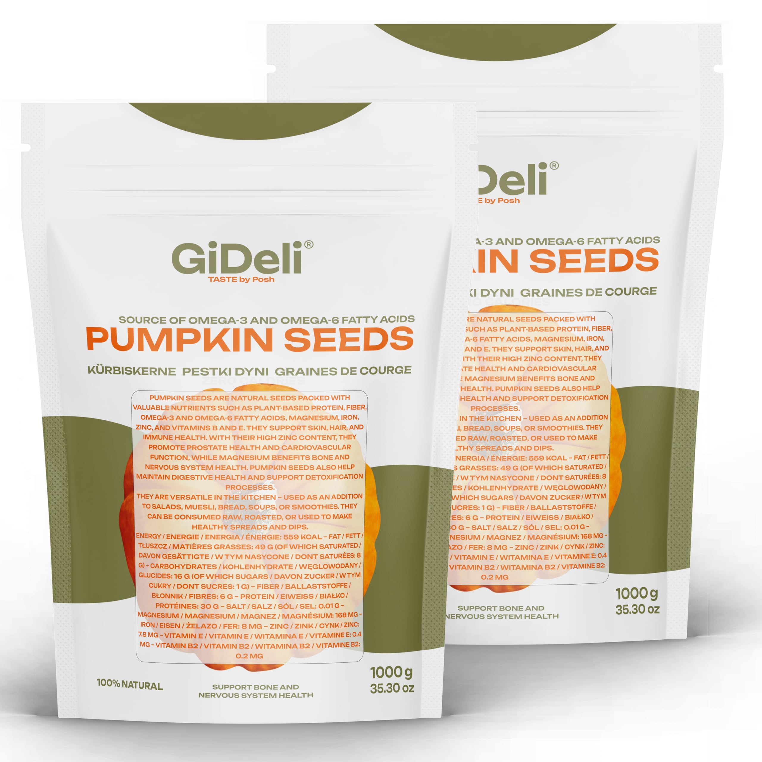 GiDeli Kürbiskerne Geröstet 2 x 1kg – Schalenlos, Ungesalzen