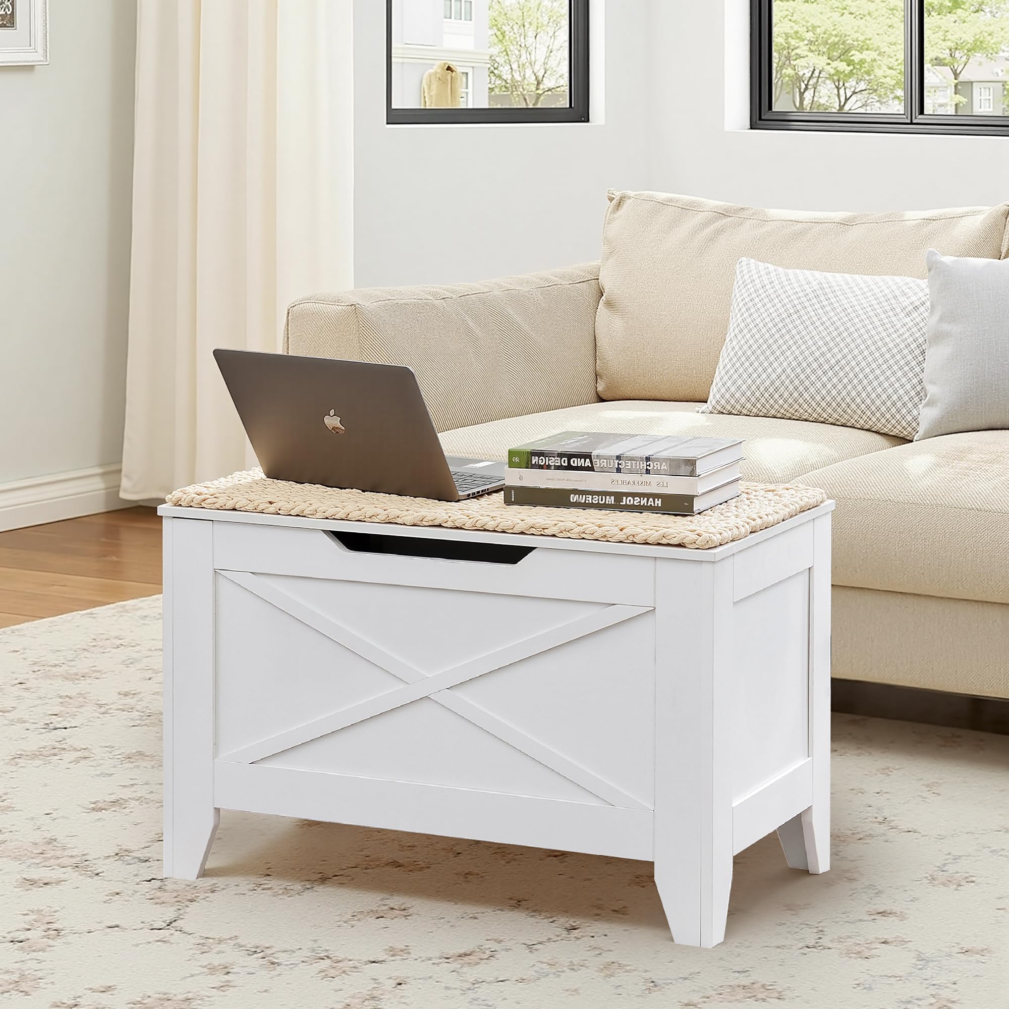 VECELO 30" Storage Bench, Shoe Bench with Handwoven Wicker Cushion, Ottoman Storage Trunk with Safety Hinges, Ideal for Entryway, Bedroom, Living Room