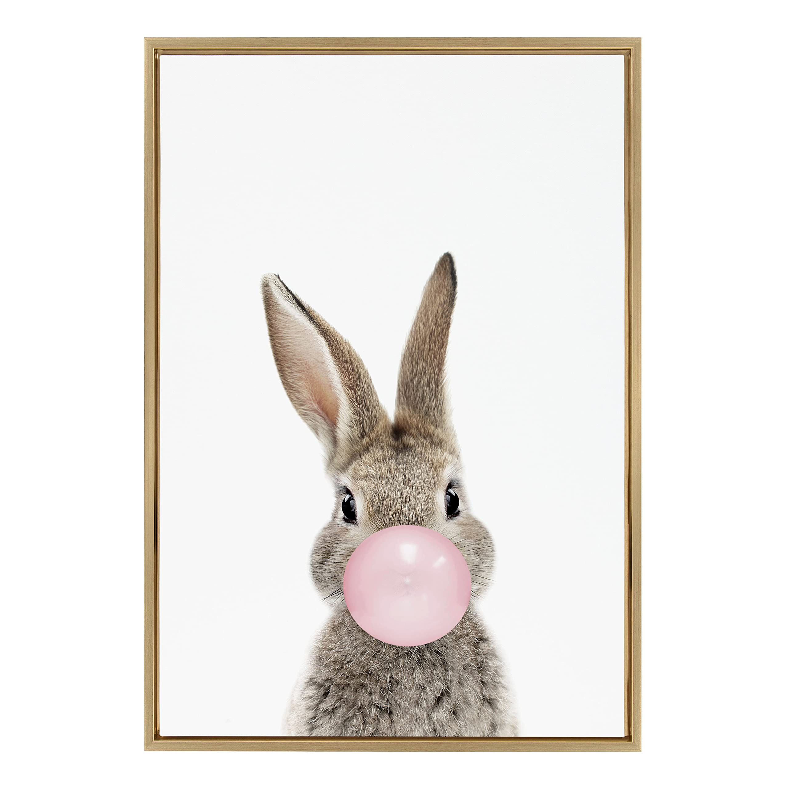 Kate and Laurel Sylvie Bubble Gum Bunny Framed Canvas Wall Art by Amy Peterson Art Studio; 23x33 Gold; Decorative Animal Art for Wall