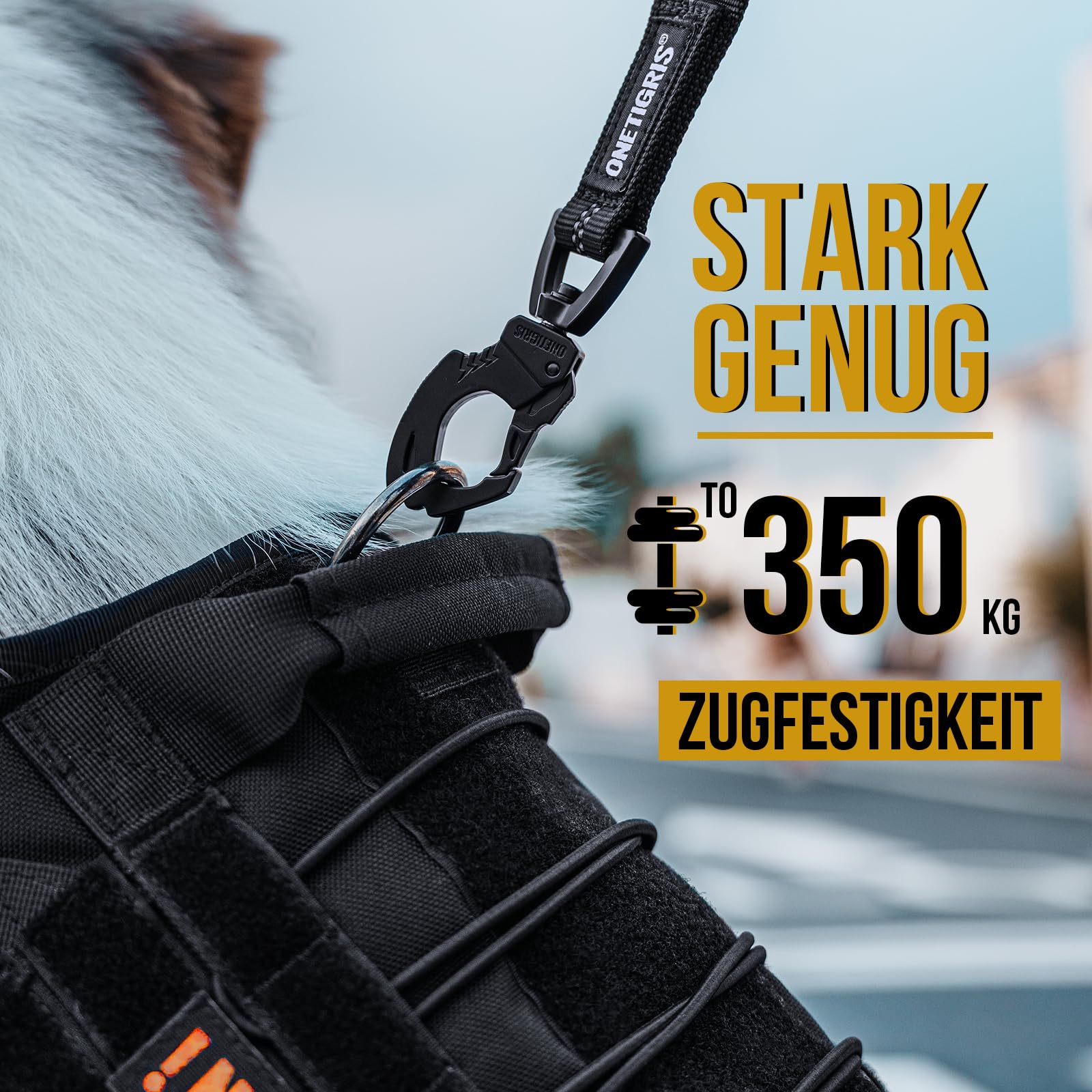 OneTigris Ammortizzatore per cani, 51 cm, guinzaglio in nylon con denti di tigre, clip in metallo, estensione in lino, riflettente per passeggiate, ciclismo