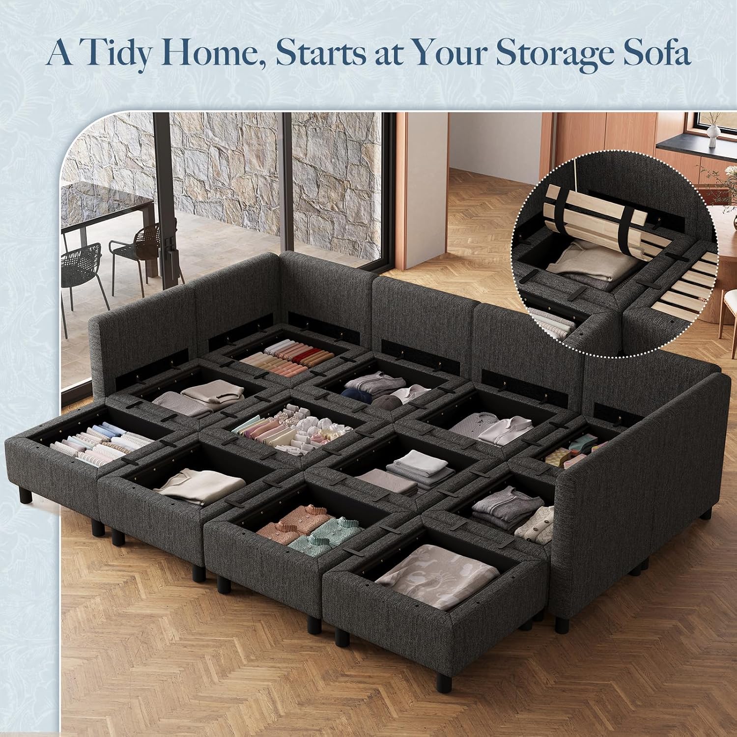 Detailed diagram showing the dimensions of the Belffin modular sectional sofa, including overall length, depth, height, and individual module measurements.