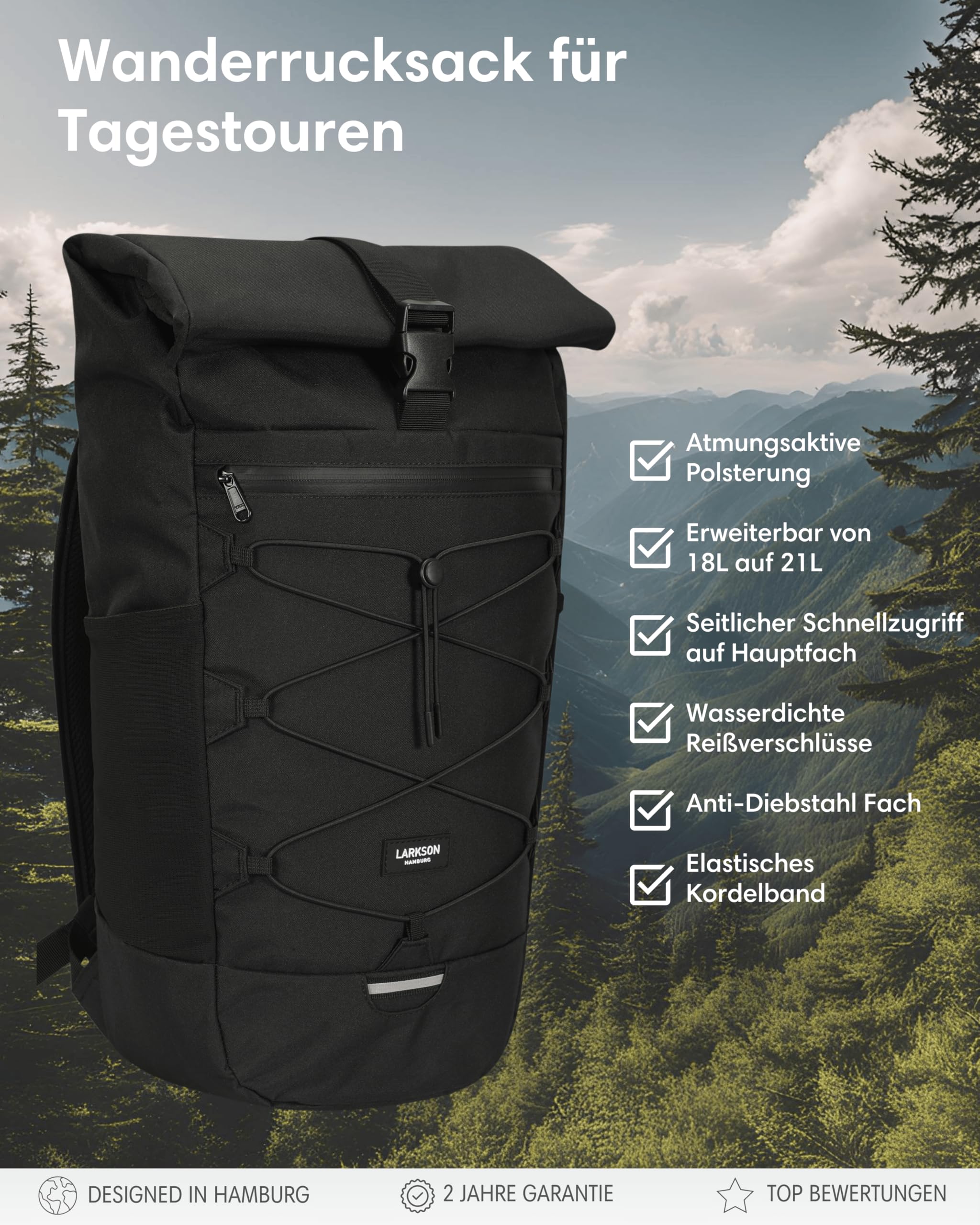 LARKSON Wanderrucksack Damen & Herren Schwarz - Arvid - Trekkingrucksack 20L - Wandern, Trekking, Reisen - Tagesrucksack mit Hüftgurt & Mesh-Polsterung - Wasserdichte Reißverschlüsse
