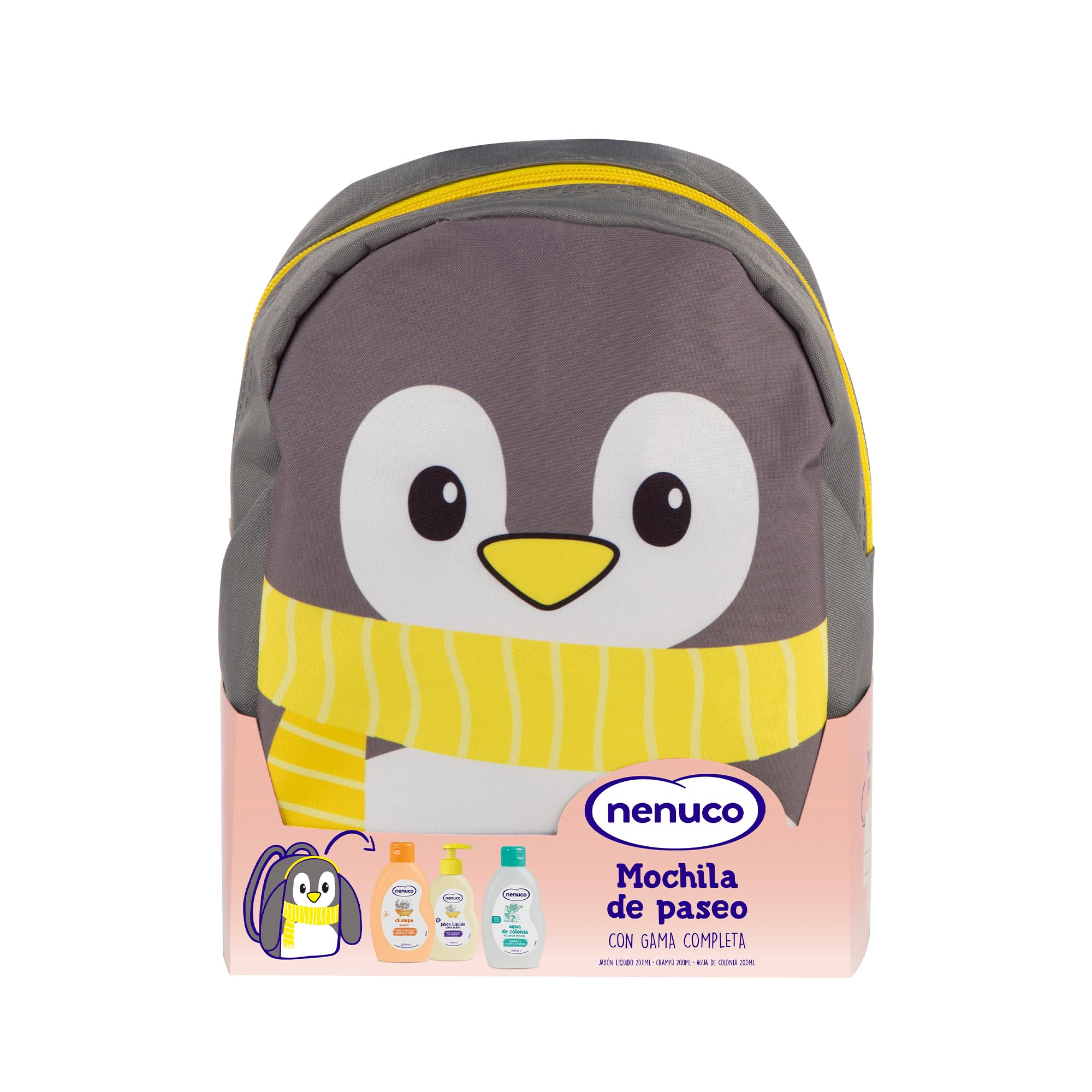 Nenuco Pack Bebé Mochila de Paseo Pingüino, con Gama Completa, Colonia, Jabón, Champú, 3x200ml