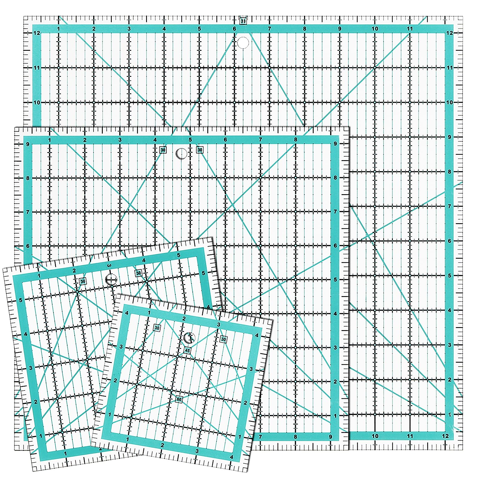 Ungfei Blue 4 Pcs 4 Sizes Square Quilting Rulers, Acrylic Sewing Ruler Square, Patchwork Ruler For Diy Crafts ?(4.5", 6", 9.5", 12.5")