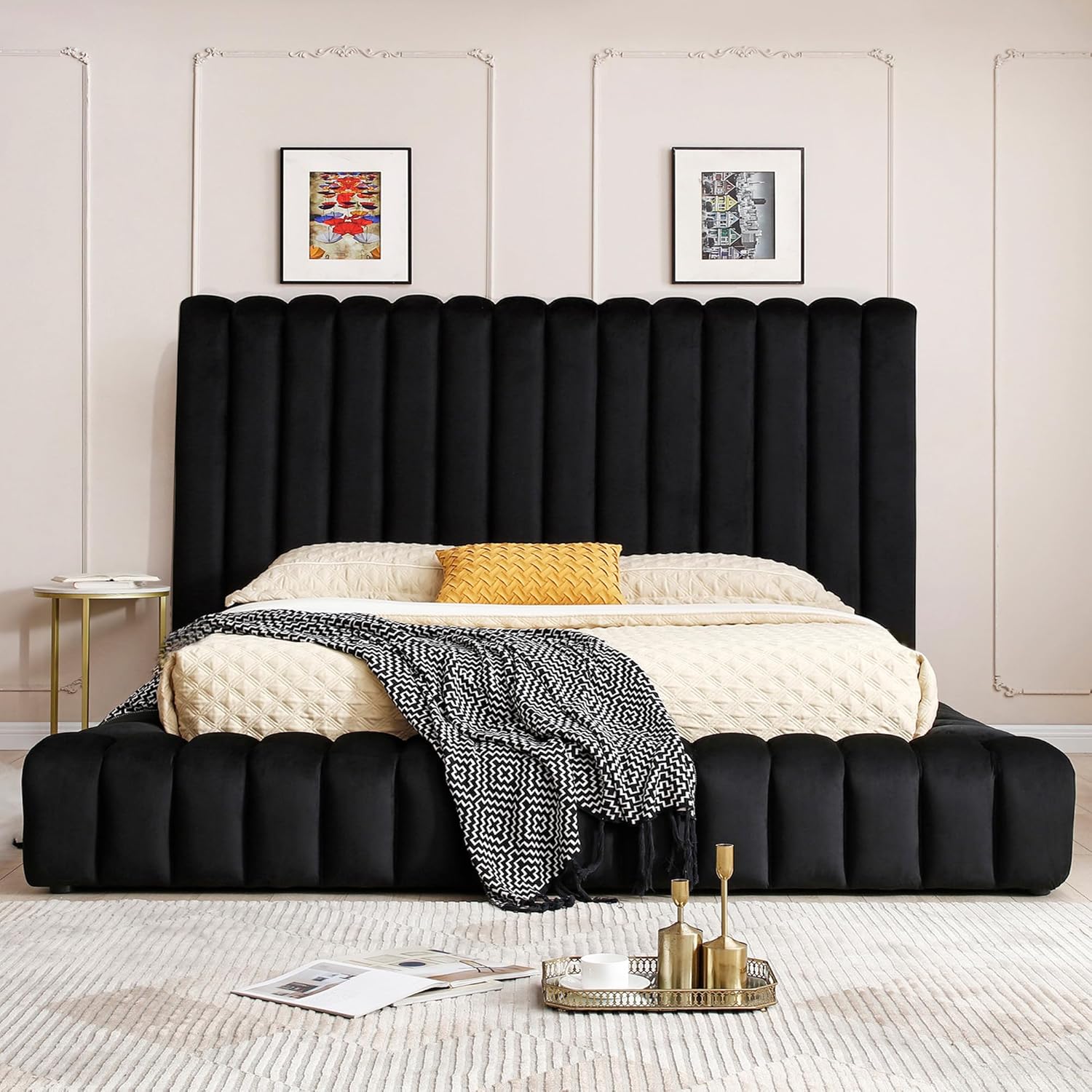 Woodpeckers Furniture And Mattress Avalon Velvet Upholstered Platform Bed (Black, King)