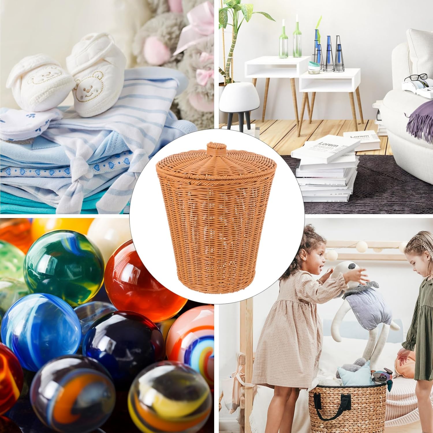 KOMBIUDA Imitation Rattan Storage Basket with Lid Multi-purpose Woven Container for Bedroom Bathroom and Living Use and Stylish Waste Basket for Home Organization