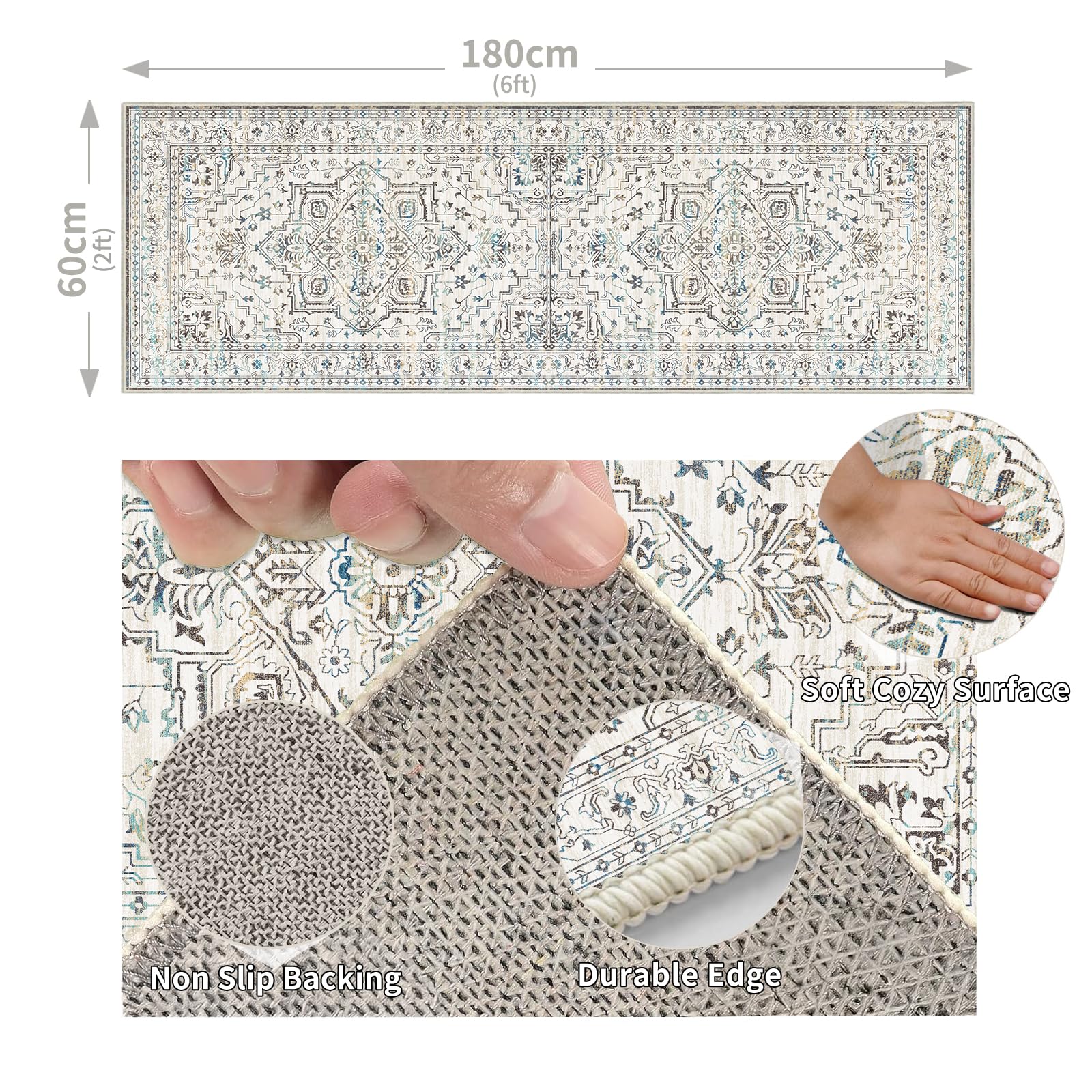 Cycleader 60x180cm Non-Slip Washable Runner Rug for Hallway, Vintage Boho Faux Cashmere Carpet Anti-Fatigue Kitchen Rugs Indoor Soft Long Floor Mat Low Pile Runners with Anti-Slip Backing for Bedroom - Image 2