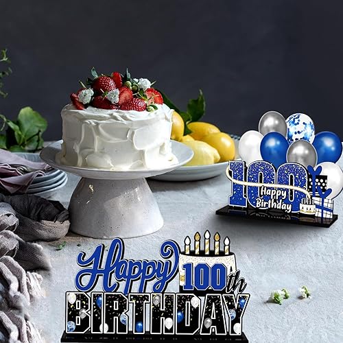 Miniatura 5 de LINGTEER Juego de centros de mesa de acrílico azul con texto en inglés «Happy 100th Birthday» – Decoración de regalo de fiesta de cumpleaños número