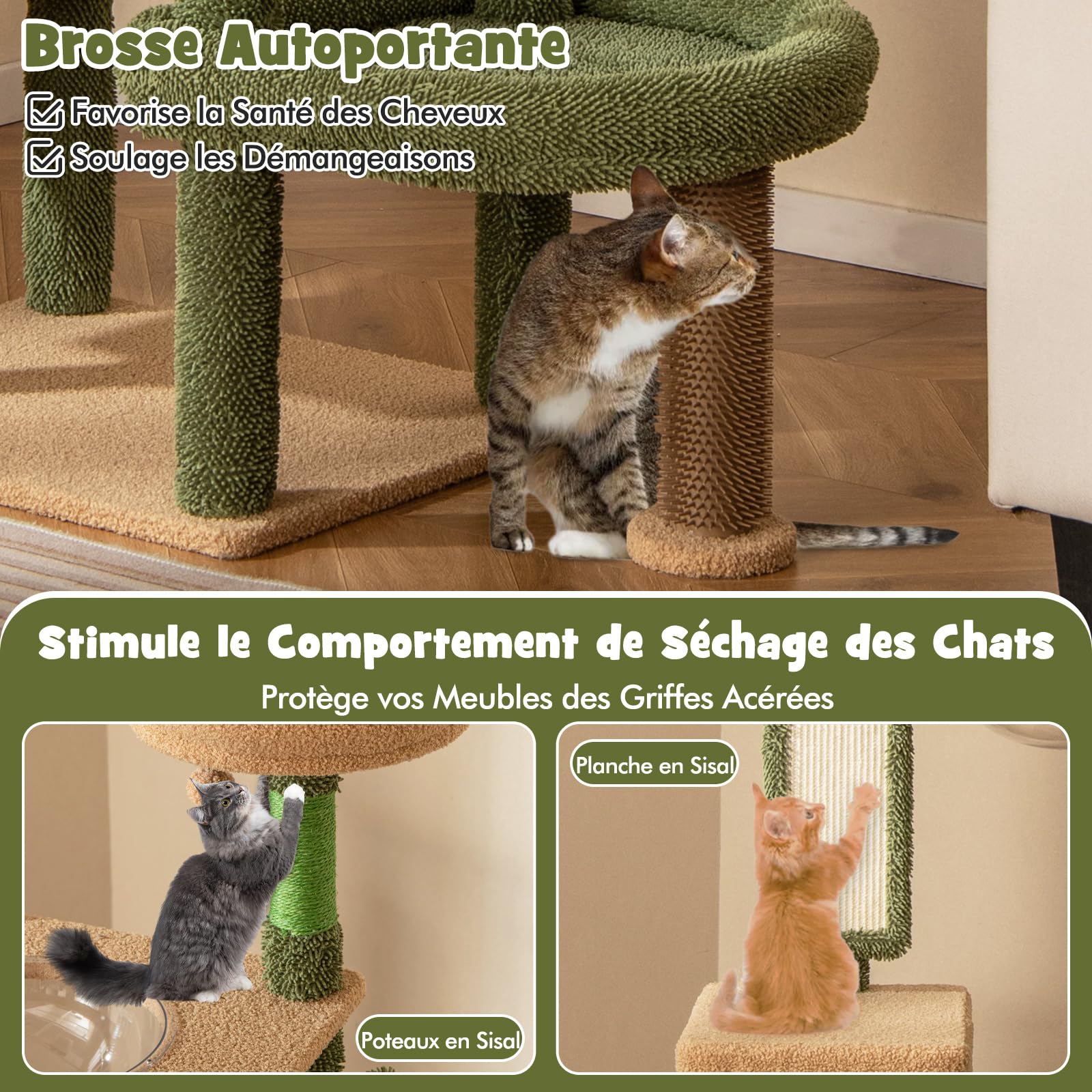 COSTWAY Arbre à Chat Cactus 150 cm, Tour pour Chats à 5 Étages, 4 Plateformes, Condo, Capsule, Arbre à Chat XXL, Brosse d'Toilettage, Planche à Griffer, 3 Poteaux à Griffer en Sisal