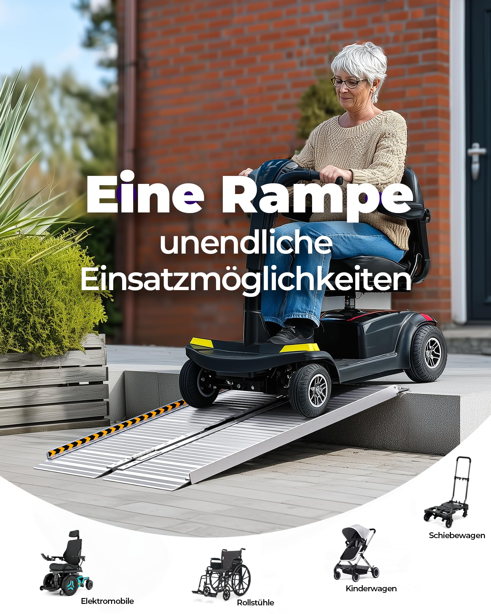 FACHNUO Klappbare Rollstuhlrampe 91,5CM Schwellenrampe, 362KG Traglast, rutschfeste Extrabreite 74CM - Tragbare Aluminiumrampe für Treppen, Stufen, Türen, Eingänge