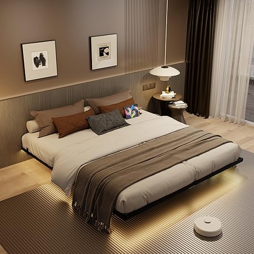 Marco de Cama Flotante Full Size con Estación de Carga y Luces LED, Marco de Cama de Plataforma de Metal, No Necesita Somier, Fácil Montaje, (Full)