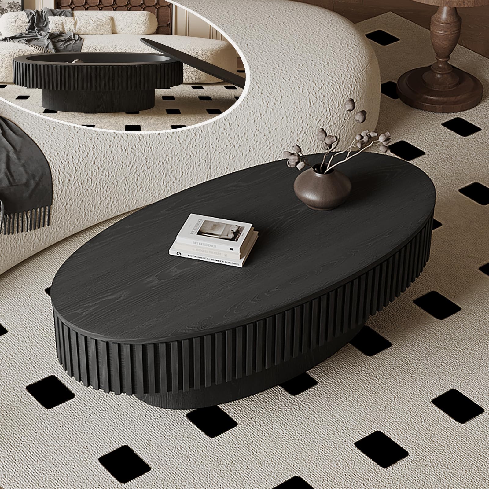 oval coffee table with storage, modern black coffee table with solid wood veneered, fluted center table wood drum tea table for living room apartment, 47.2''l×23.6''w×14.2''h