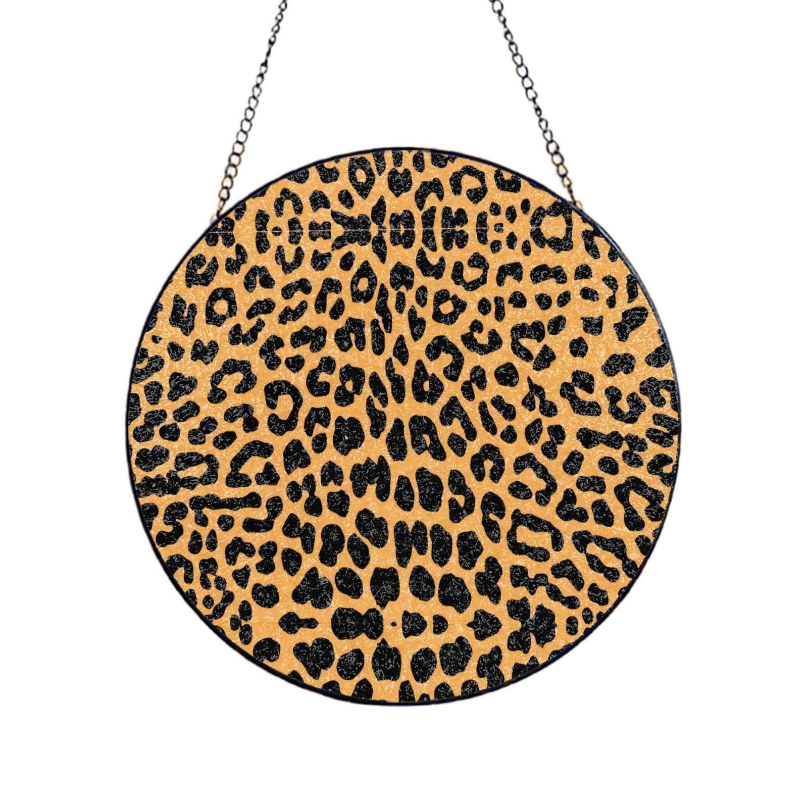 Phayah Leopard Print Print Glass Window Hanging Round Suncatcher Glass Ornament Garden Wall Fence Decorations Indoor Outdoor 4in（10cm）