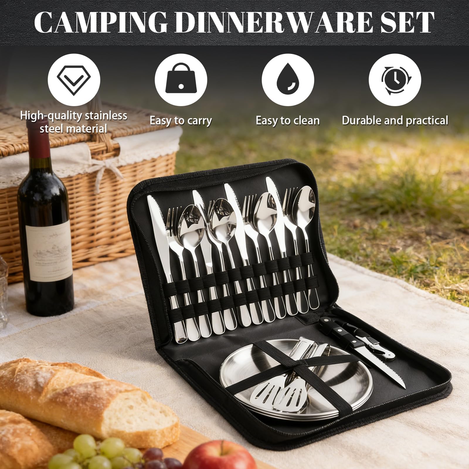Set di stoviglie da campeggio per 4 persone, 22 posate da campeggio portatili, posate da campeggio con cucchiaio, forchetta, coltello, clip piatto in acciaio inox 304, portaposate per picnic, viaggi