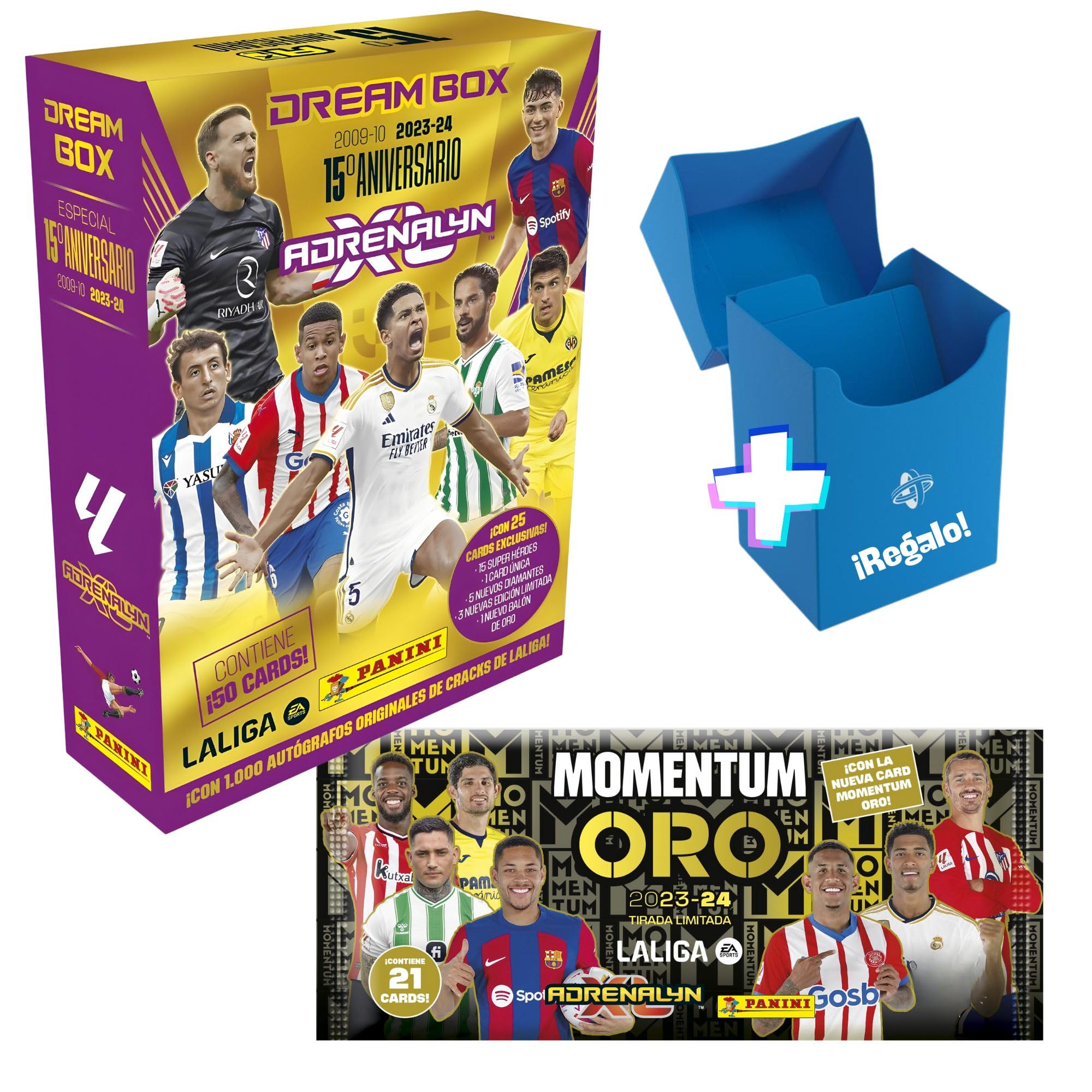 Panini Adrenalyn Dreambox Oro y sobre Momentum Oro | Cromos de Futbol para Album Premium | 2023-2024 | Pack Exclusivo XL con Box de Regalo | Liga 23-24 | Sobres de Cartas Adrenalyn