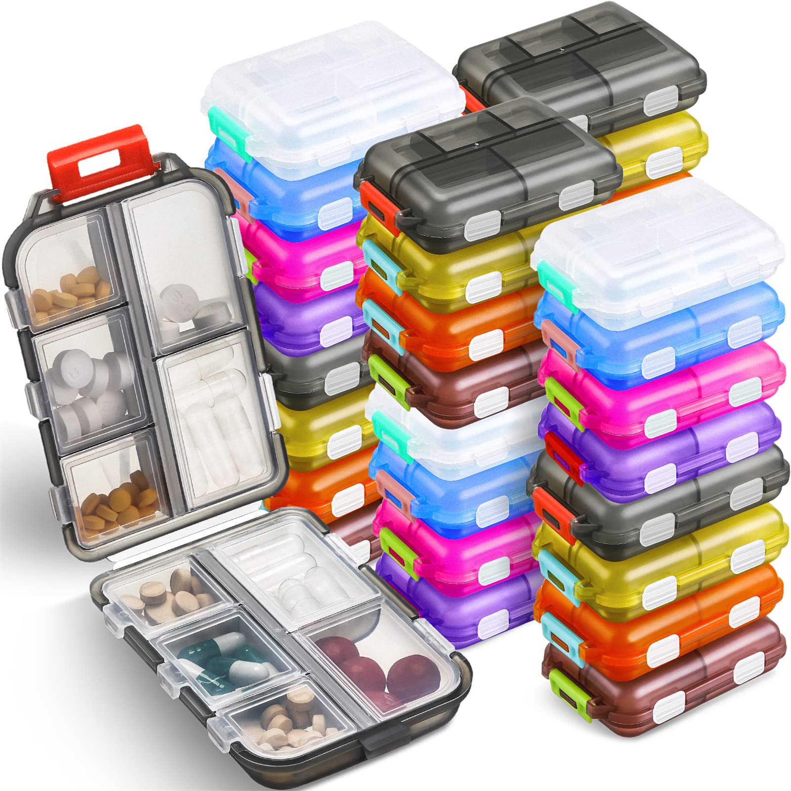 Mumufy Organizador de pastillas de viaje de 32 piezas, 10 compartimentos, portátil, dispensador diario para vitaminas, aceite de pescado, diferentes medicamentos, 8 colores