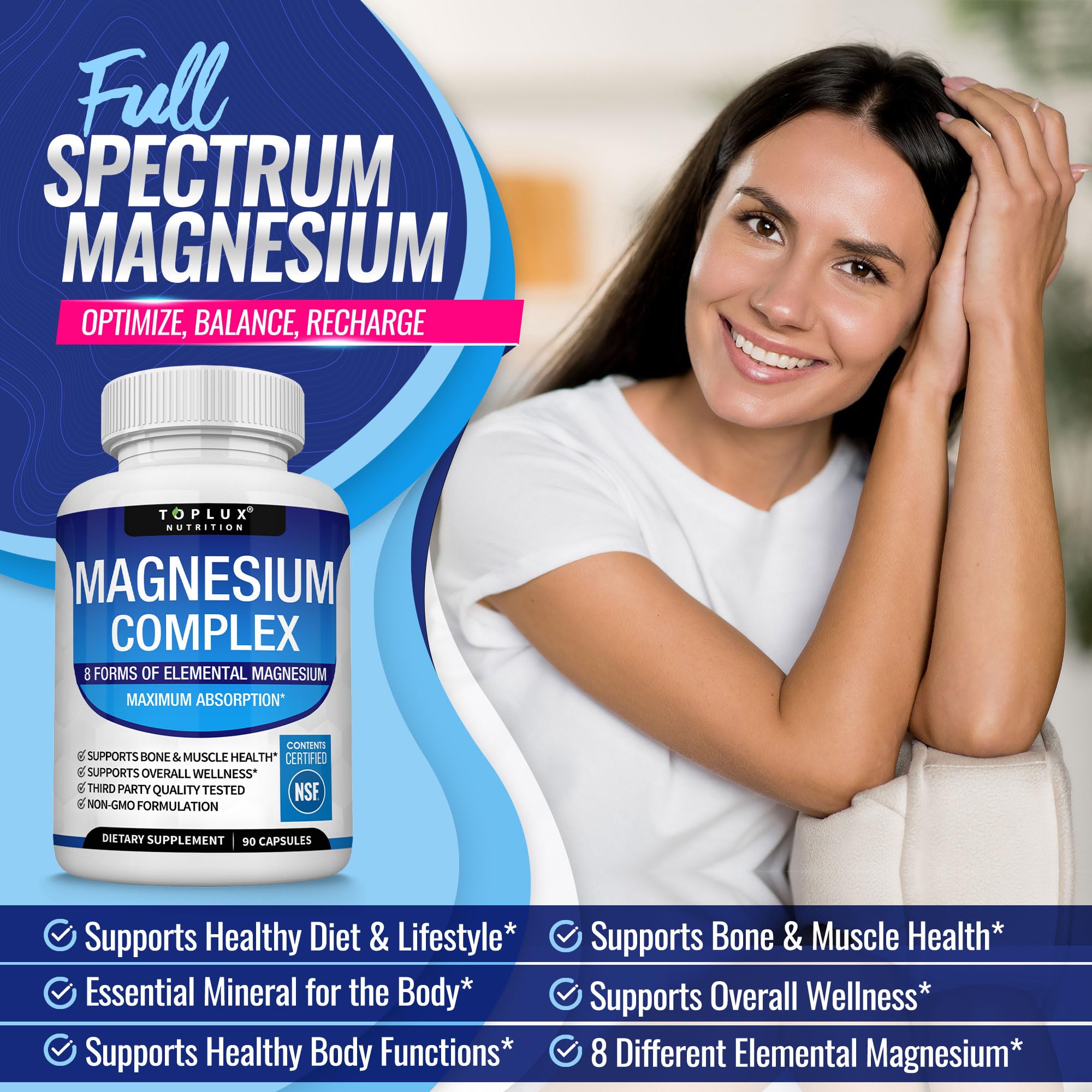 Toplux Magnesium Complex Supplement 8 Elemental - Magnesium Glycinate, Citrate, Malate, Taurate, Chelated for Easy Absorption for Bones, Muscle, Recovery, Energy, Vegan Non-GMO 90 Capsules — Amazon image 3