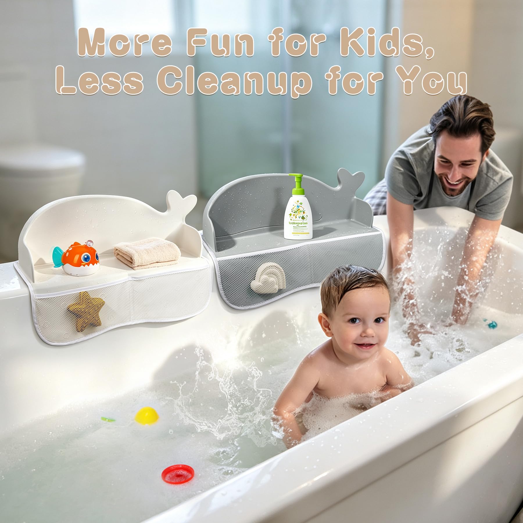 MCGMITT Badewannenspritzschutz 2er Set, Silikon Wasserbarriere für Kinder Badewanne, Badewannen Organizer mit 130 starken Saugnäpfen und Aufbewahrungsnetzen für Badespielzeug (Weiß + Grau)