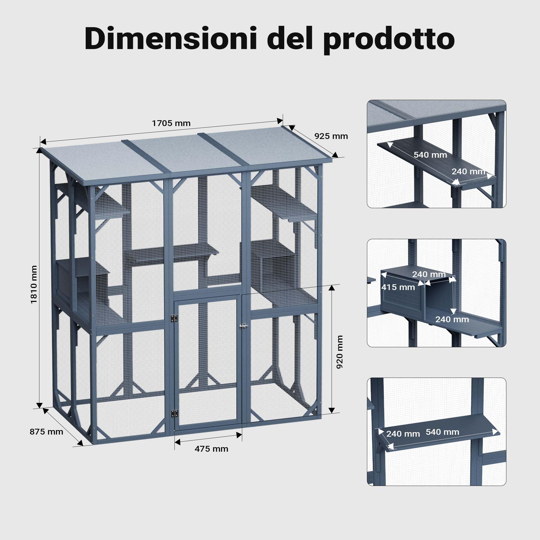 Wiltec Recinto per gatti da esterno 1705 x 925 x 1810 mm, recinzione antifuga in legno con tetto in asfalto, diversi livelli, per giardino, balcone, terrazzo