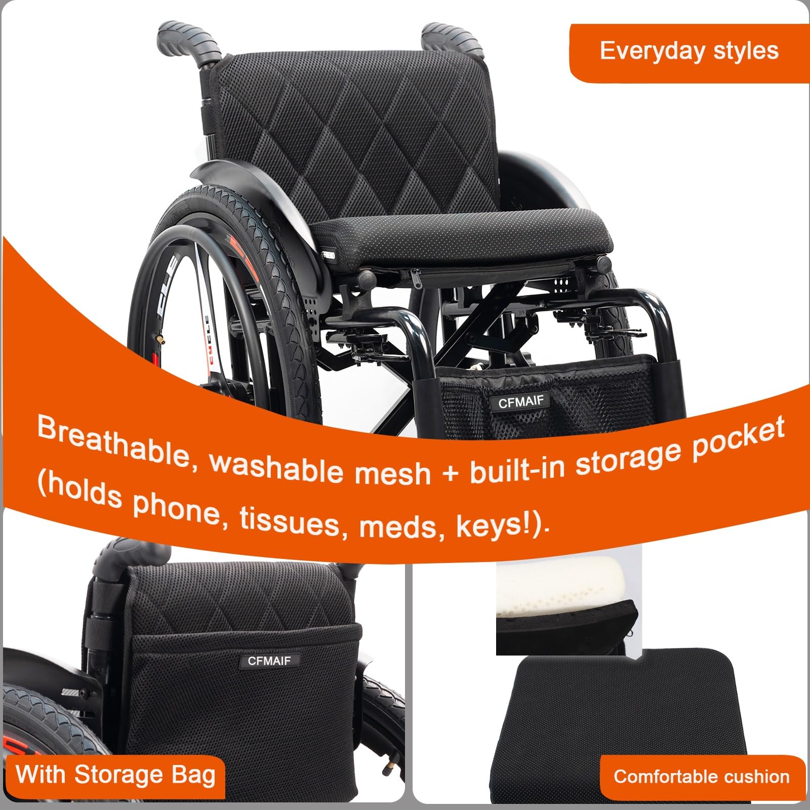 Silla de ruedas deportiva, manual, Plegable, ultraligera,Transporte,Aluminio,Reposapiés abatibles,Frenos de mano(Daily,43cm/16.9in Seat)