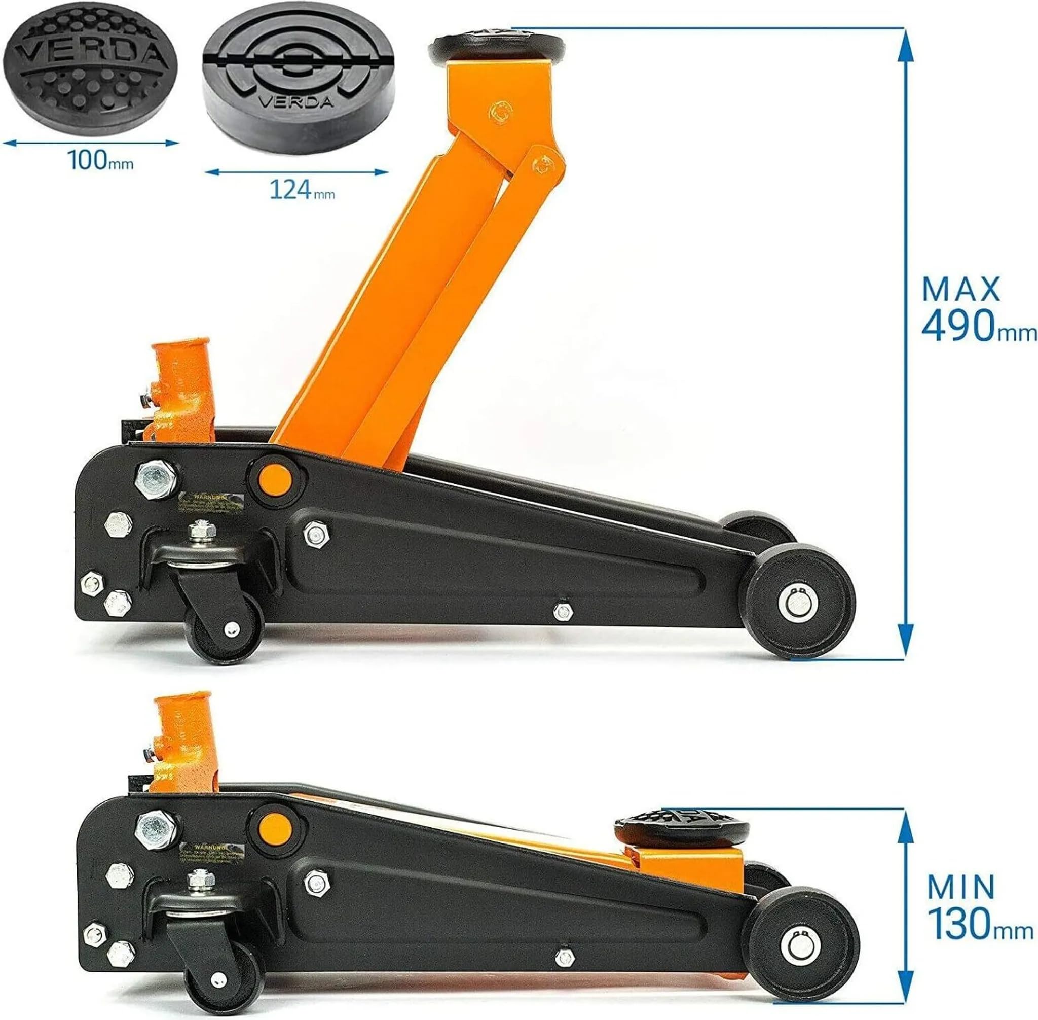 Verda Wagenheber hydraulisch 3T (130-490) 2X Gummi Rangierwagenheber, PKW, Profi, Tief, Doppelpumpsystem Doppelkolben, Heber, Ständer, Flache, Werkstatt, Wohnmobil, Geländewagen Montagehandschuhe
