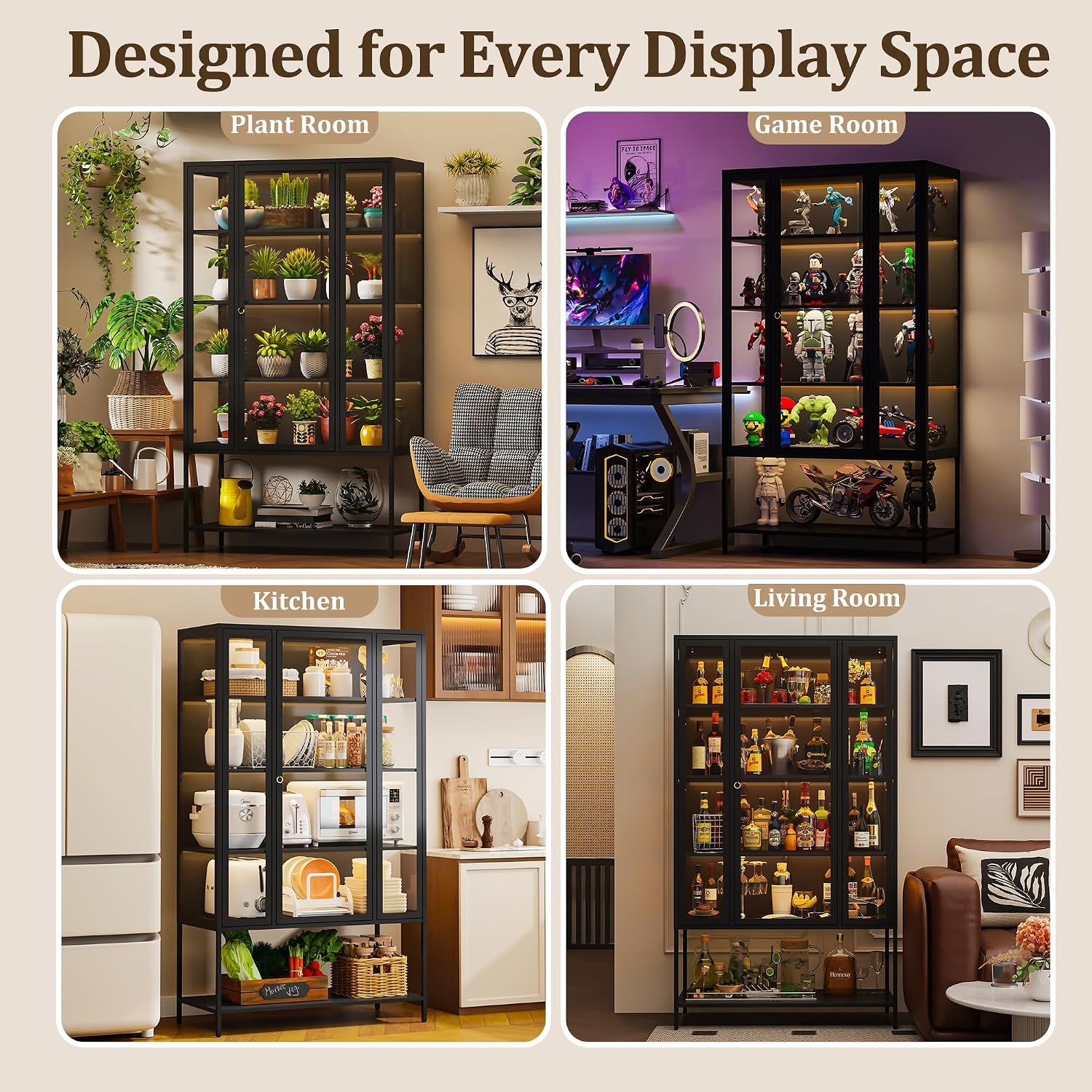 Metal Display Cabinet with Glass Doors, 67'' Tall Glass Cabinet Display Case with LED Lights, 5-Tier Curio Cabinet with Adjustable Shelves for Collectibles Book Medal Figure