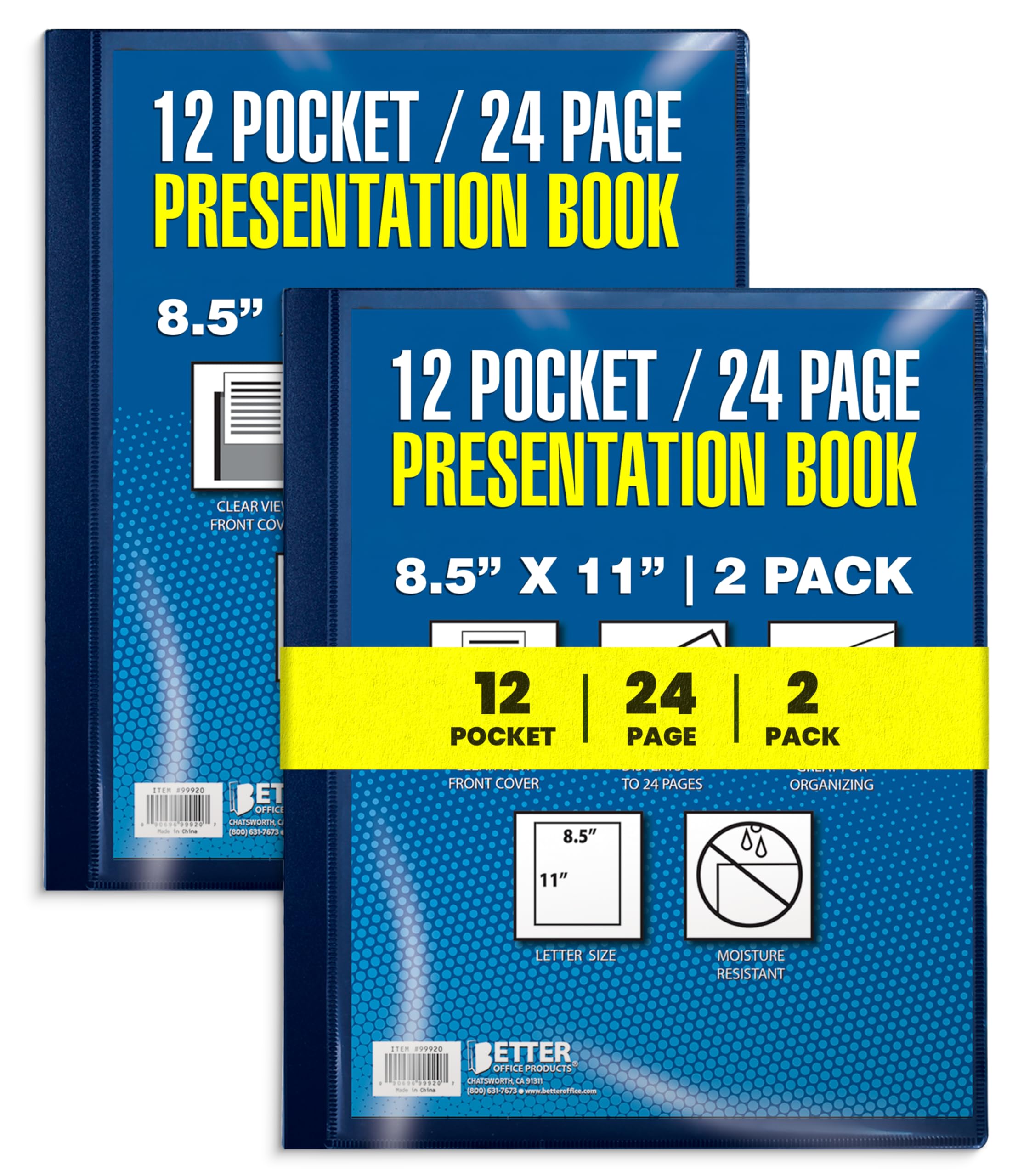 Better Office Products 12 Pocket Bound Presentation Book, Blue, Clear View Front Cover, 24 Sheet Protector Pages, 8.5" x 11" Sheets, Art Portfolio,