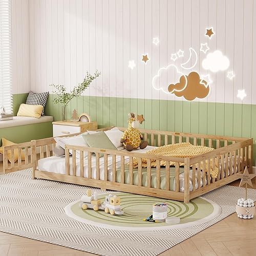 Miniatura 119 de Harper & Bright Designs Cama de suelo tamaño Queen con valla y puerta, marco de cama Montessori de madera para niños, niñas, listones incluidos, no