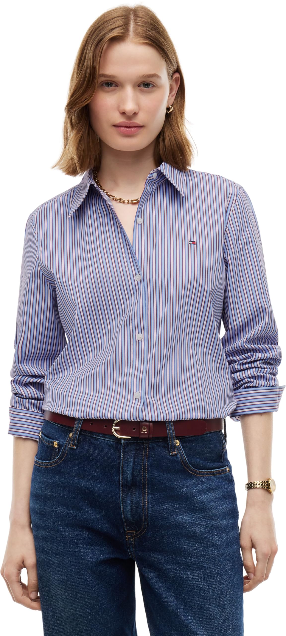 Tommy Hilfiger Women's, Summer Poplin Regular Shirt Ww0Ww51155, L/S Shirt, Blue Burgundy Multi Stripe, 52