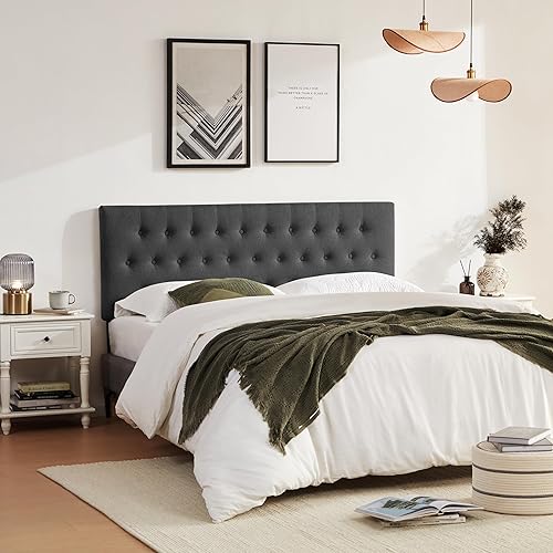 Miniatura 7 de Huatean Home Cabecera tapizada capitoné tamaño Queen, tablero de madera maciza con patas de metal duraderas, cabecera de cama de altura ajustable de