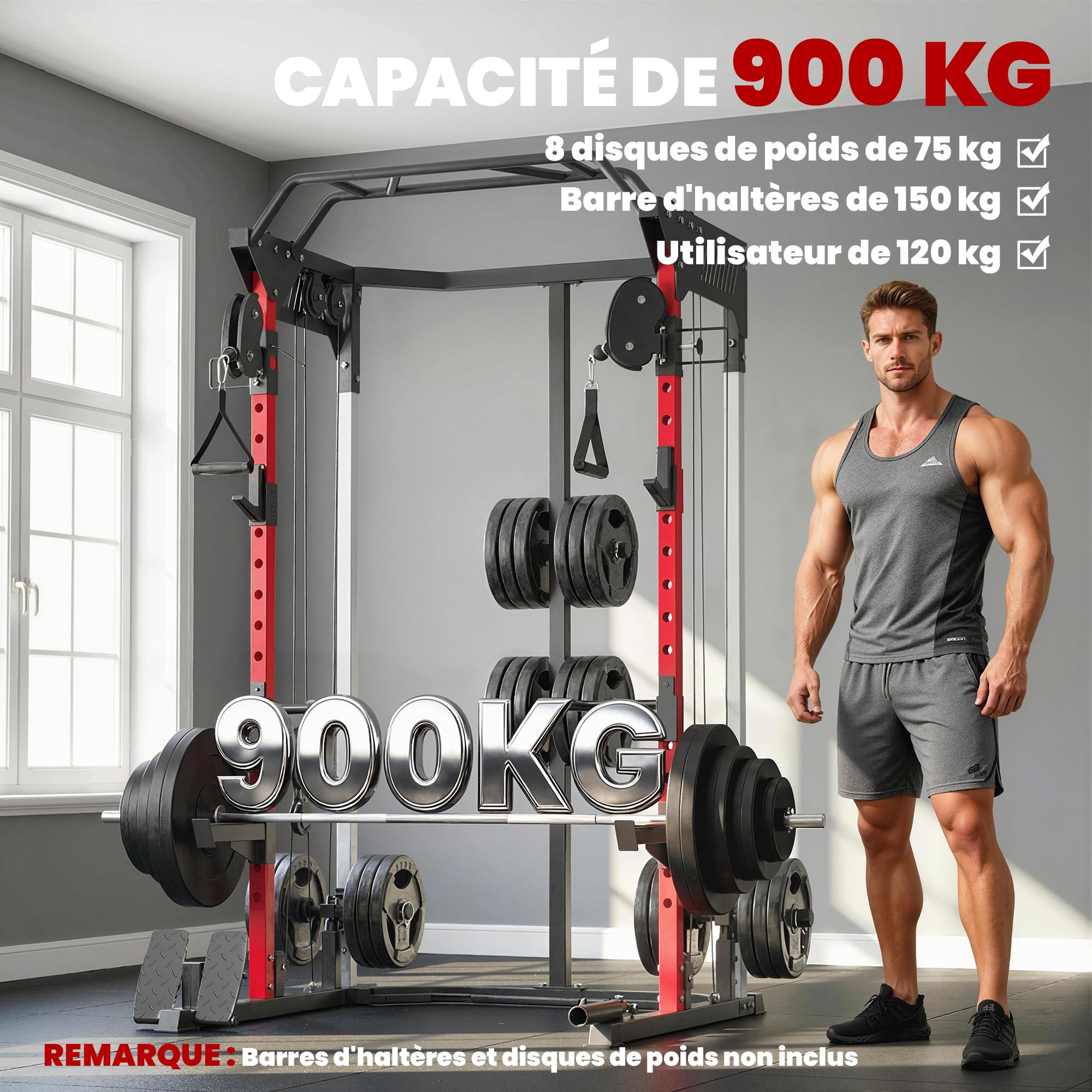 SPORTNOW Stazione di sollevamento Power Rack 900 kg - Gabbia per squat con doppia puleggia regolabile a 19 livelli - Home Gym Completo per allenamento di forza, con tiraggio Lat e accessori, nero
