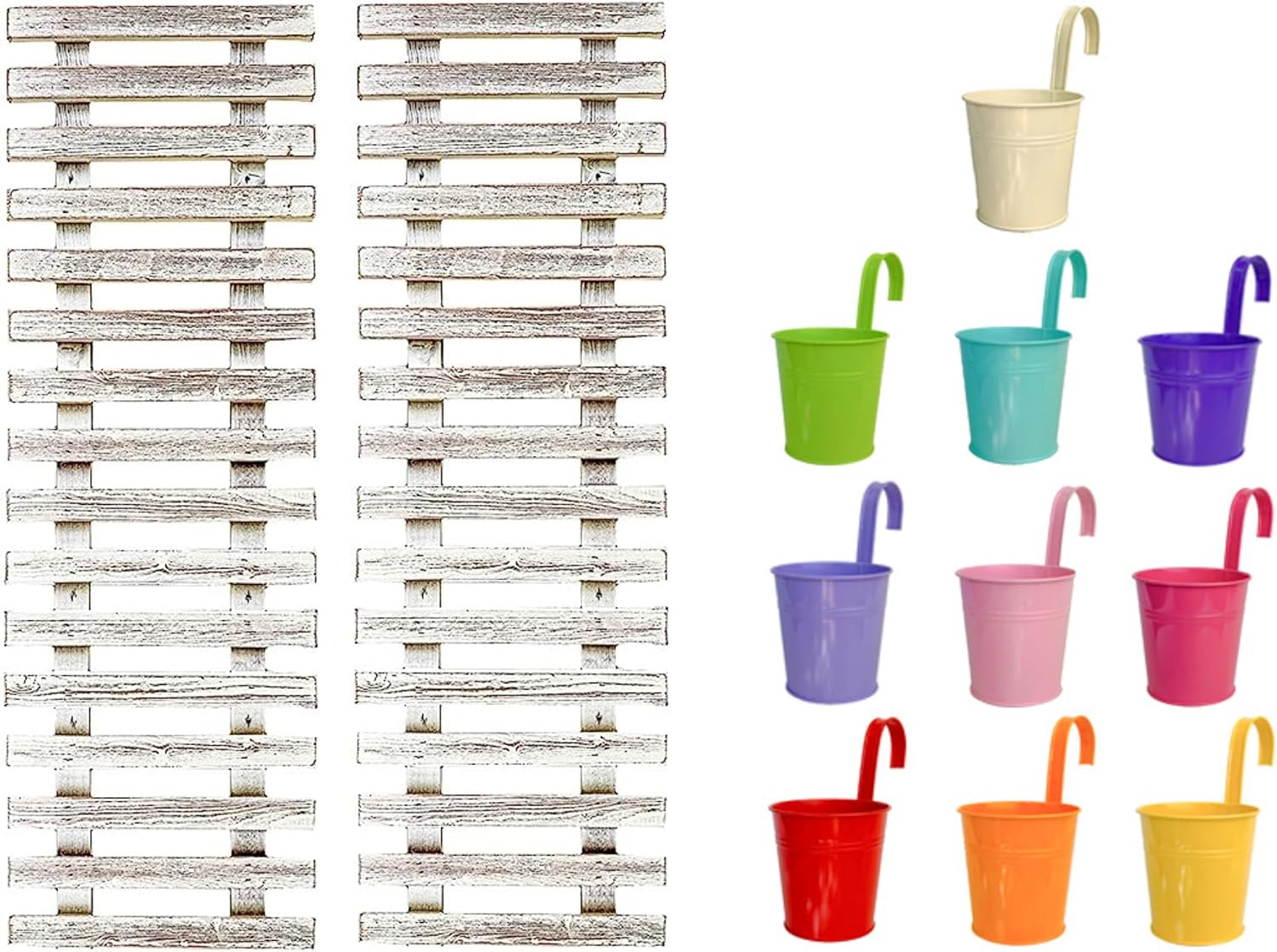LalaGreen Bundle - 4" Pot + 2 Wooden Plant Holder, Colorful Metal Flower Pots, Wooden Wall Hanging Planter, Wall Plants Holder for Flower Pot Indoor Outdoor Large Rustic White Stand Wooden Ladder